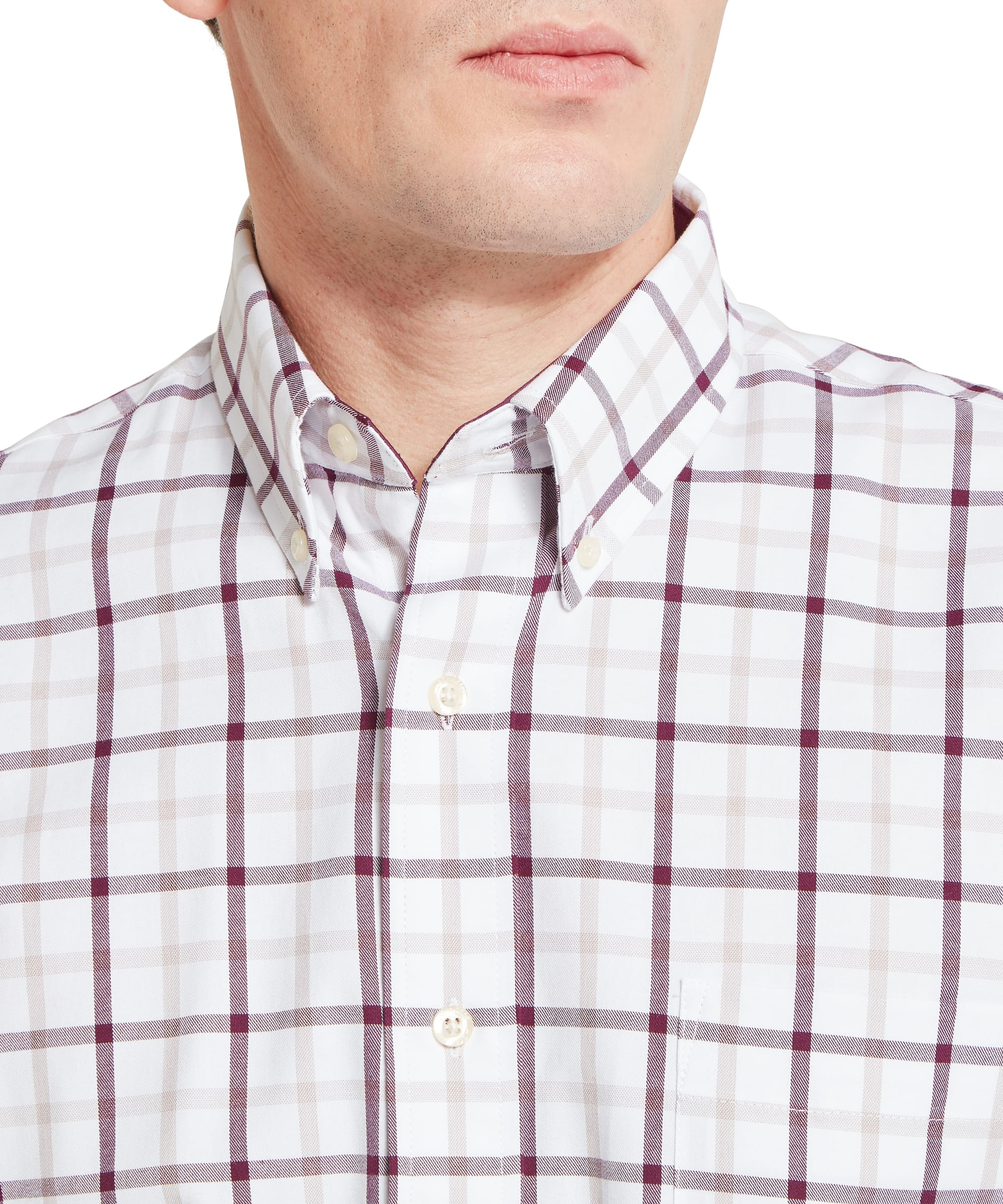 Close-up collar detail of the Schöffel Men's Brancaster Classic Shirt in Red, showing the button-down collar, cream mother-of-pearl style buttons, and bold burgundy and grey windowpane check cotton fabric.