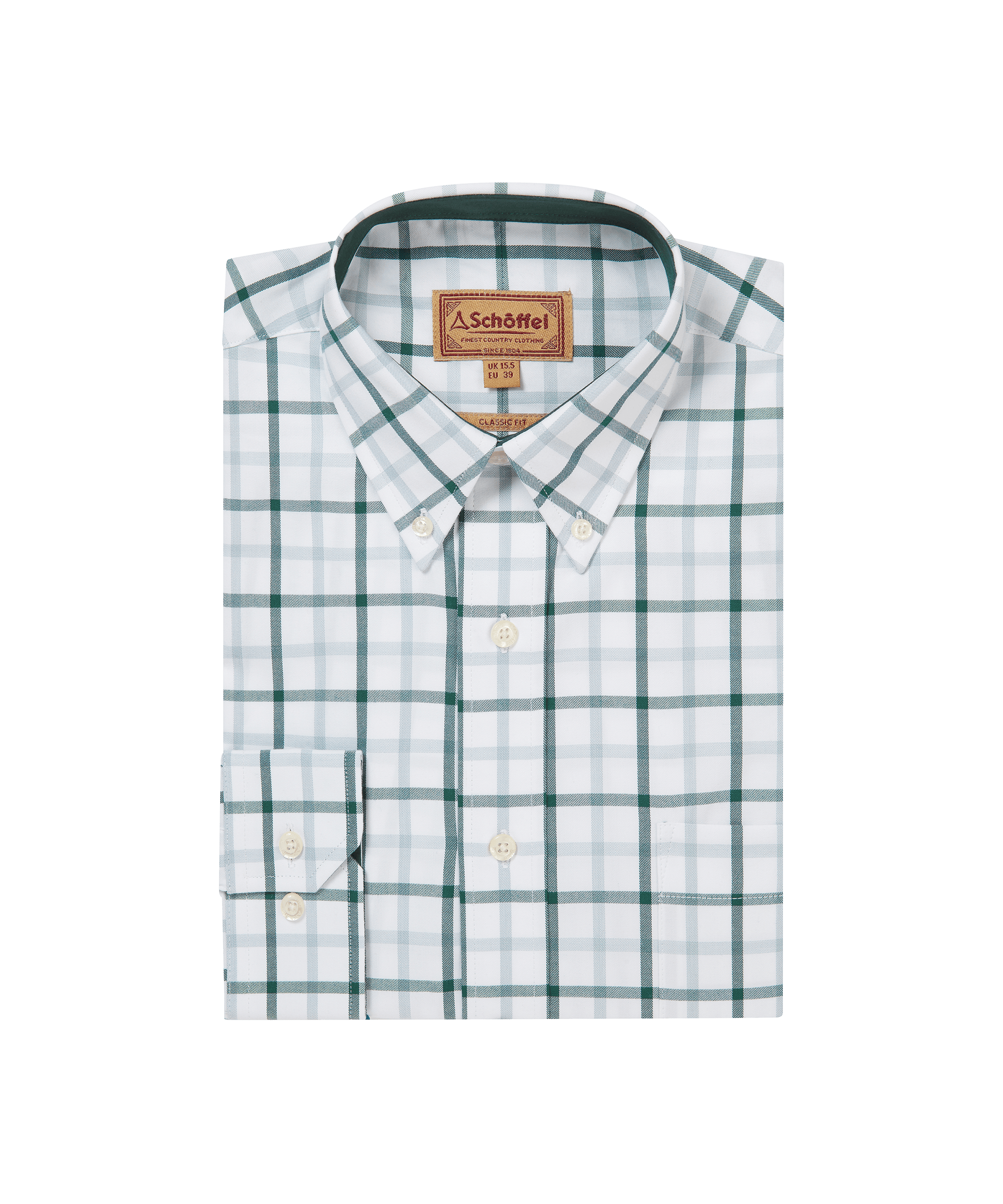 Schöffel men's folded country shirt in white with a bold green windowpane check, button-down collar and branded patch label