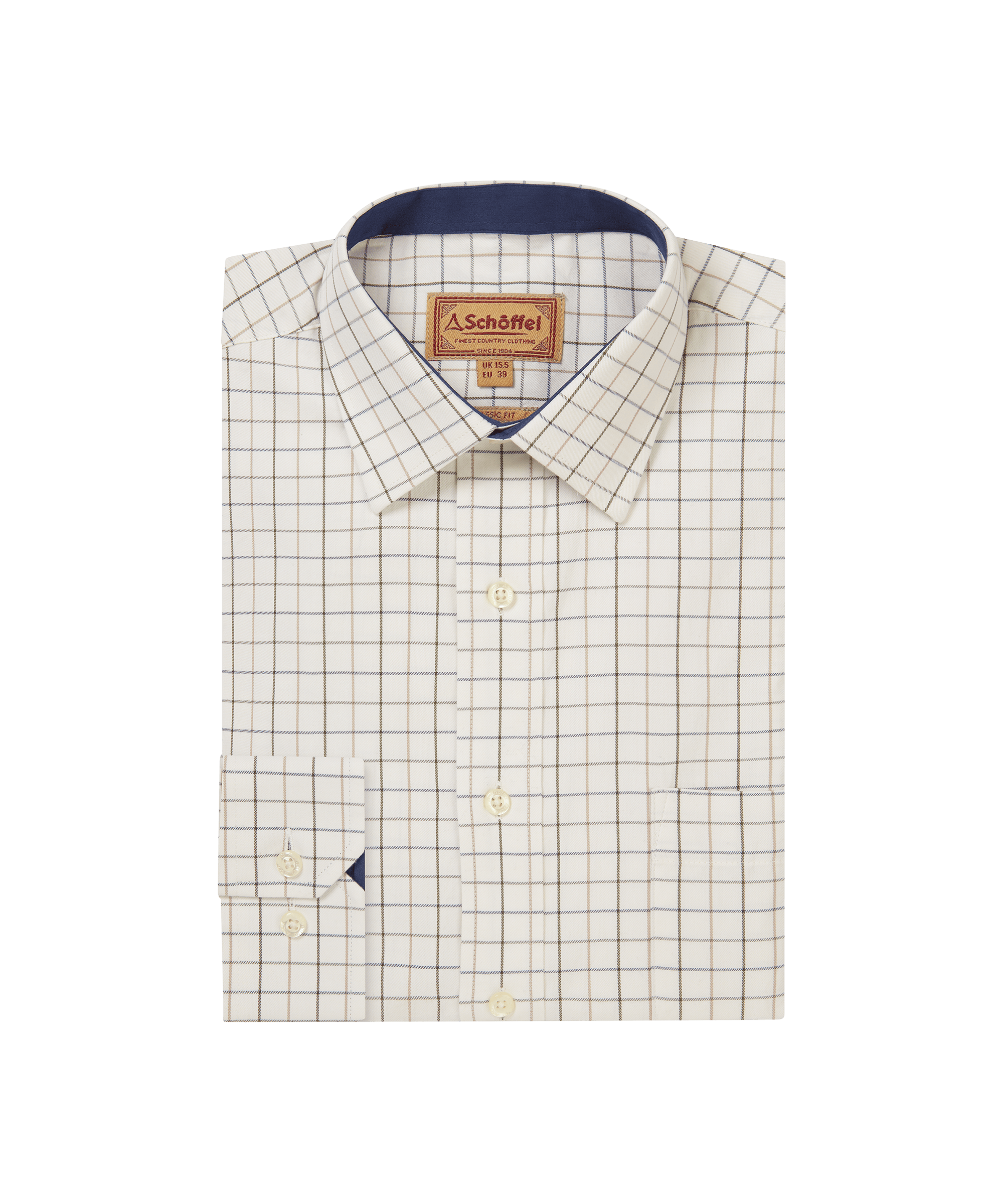 Schöffel men's folded classic country shirt in cream with a fine navy micro-check, button collar and branded patch label