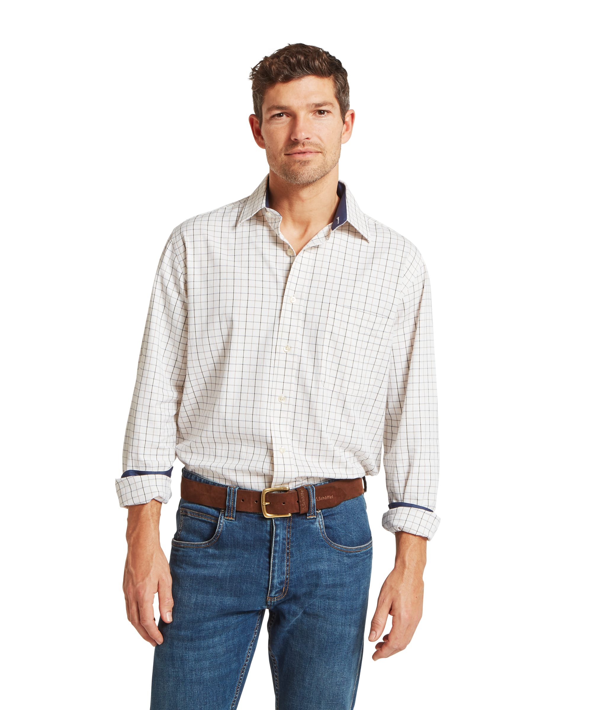 Schöffel Men's Burnham Tattersall Classic Shirt in Blue - front view of a classic-fit white ground shirt with a fine navy and brown tattersall check, spread collar with contrast navy lining, and chest pocket, worn untucked with blue jeans and a tan leather belt.