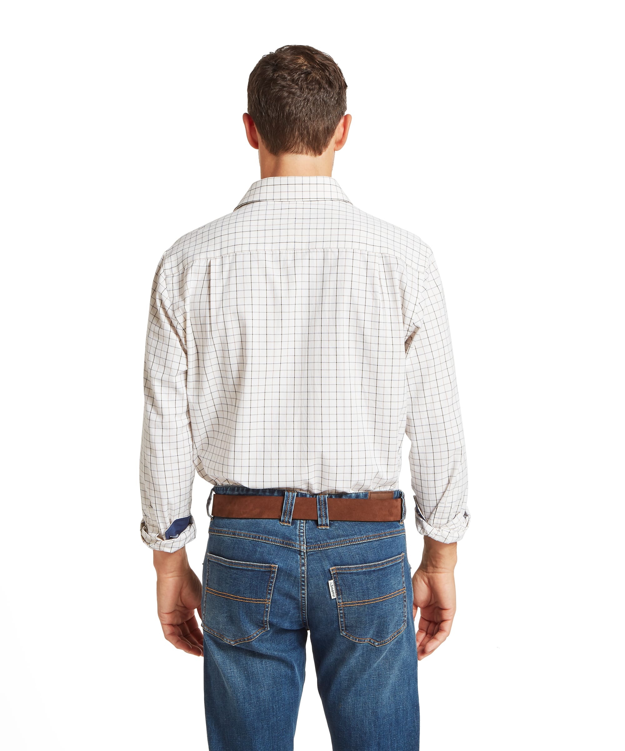 Schöffel Men's Burnham Tattersall Classic Shirt in Blue - rear view showing the box pleat and relaxed classic fit of the white ground navy and brown tattersall check shirt, worn with sleeves rolled to reveal a contrast navy cuff lining, with blue jeans and a tan leather belt.