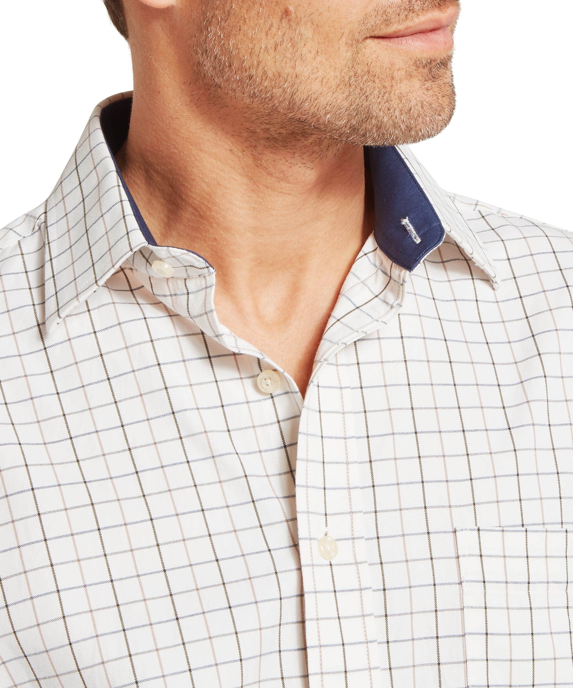 Close-up collar detail of the Schöffel Men's Burnham Tattersall Classic Shirt in Blue, showing the spread collar with distinctive contrast navy inner collar lining, fine white ground tattersall check fabric, and cream buttons.