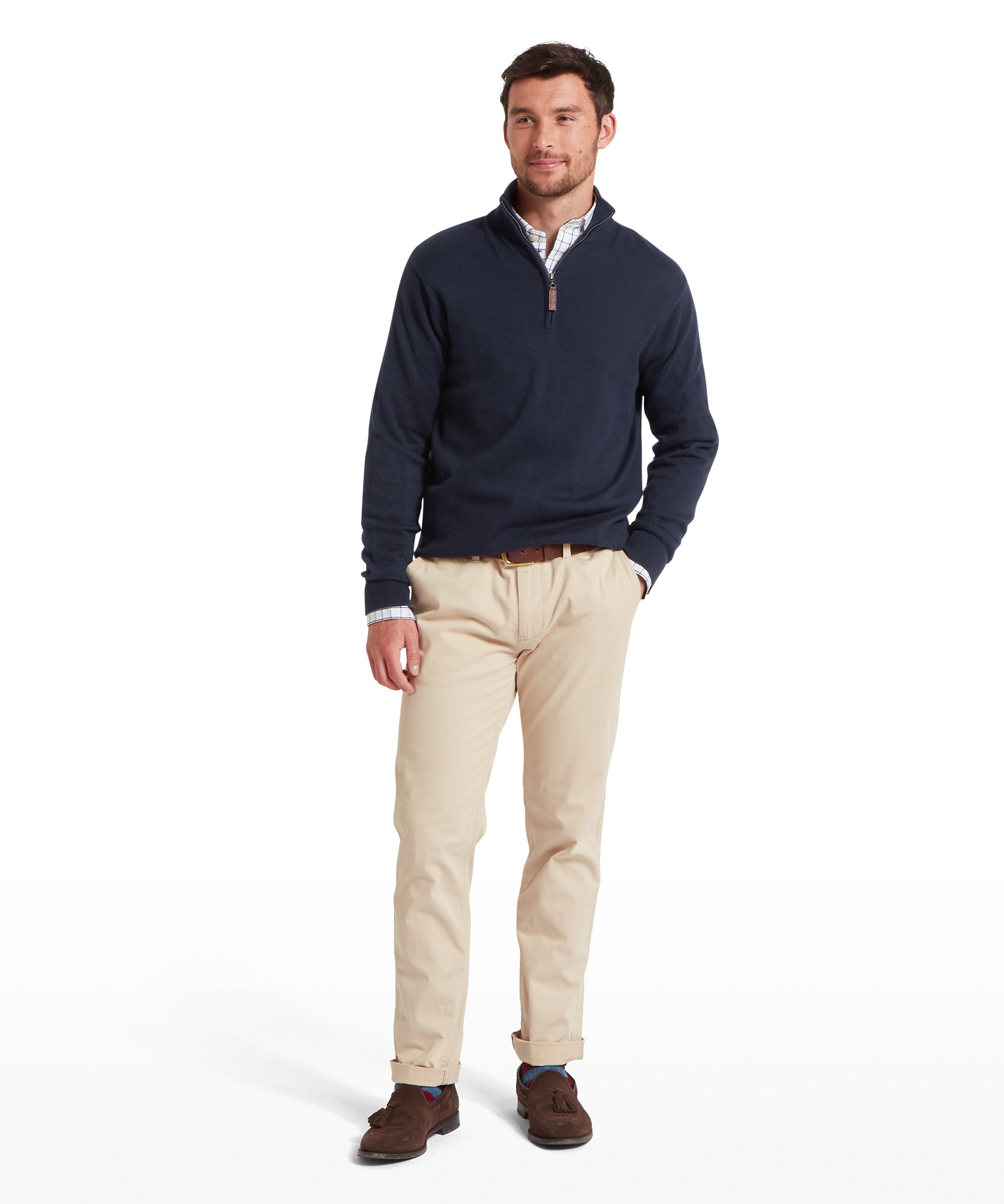 Calton Cotton Cashmere Cable Quarter Zip Jumper - Navy