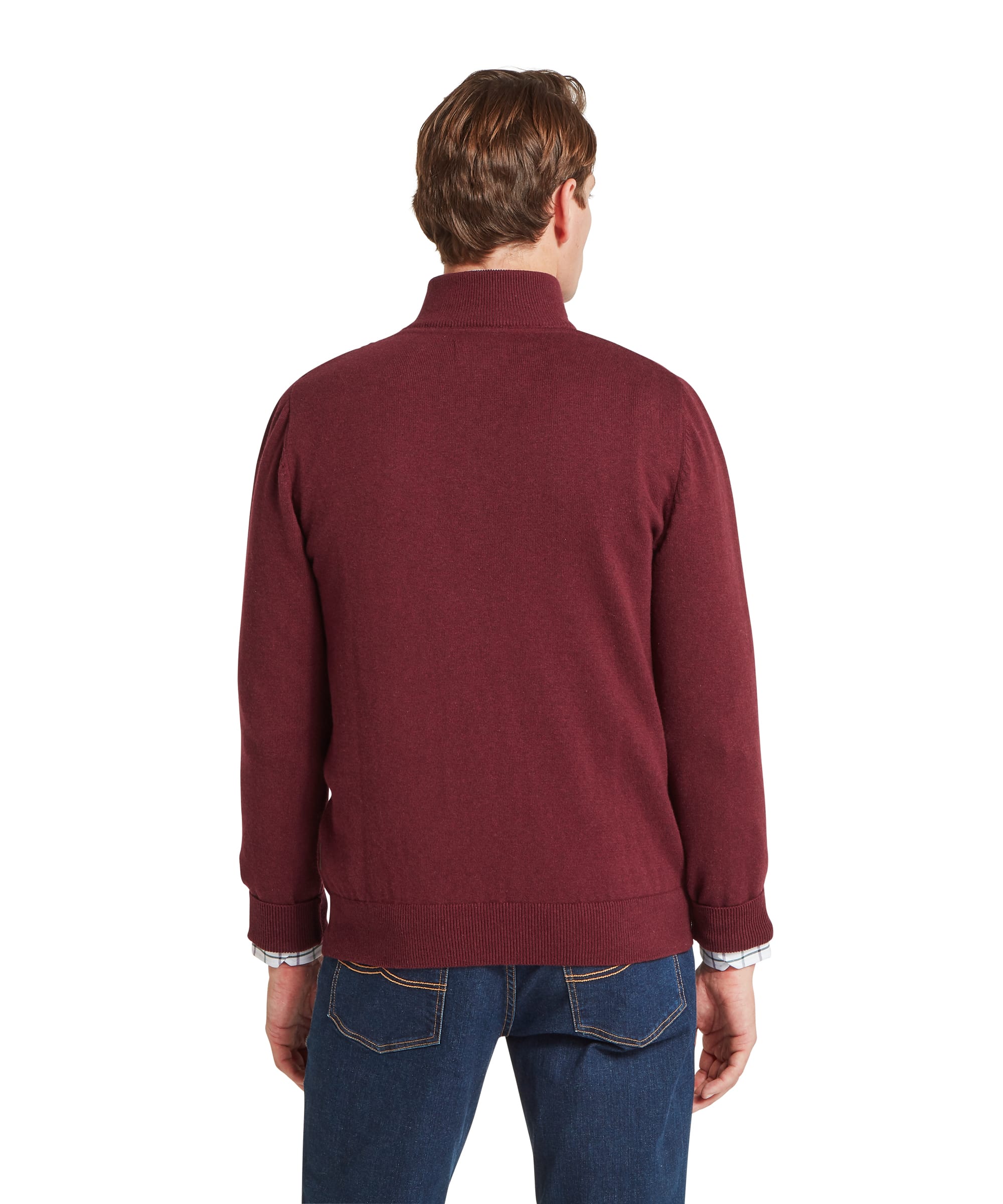 Schöffel Men's Calton Cotton Cashmere Quarter Zip Jumper in Red - rear view showing the clean knit back and ribbed hem and cuffs of the burgundy cotton-cashmere quarter-zip, worn over a check shirt with blue jeans.