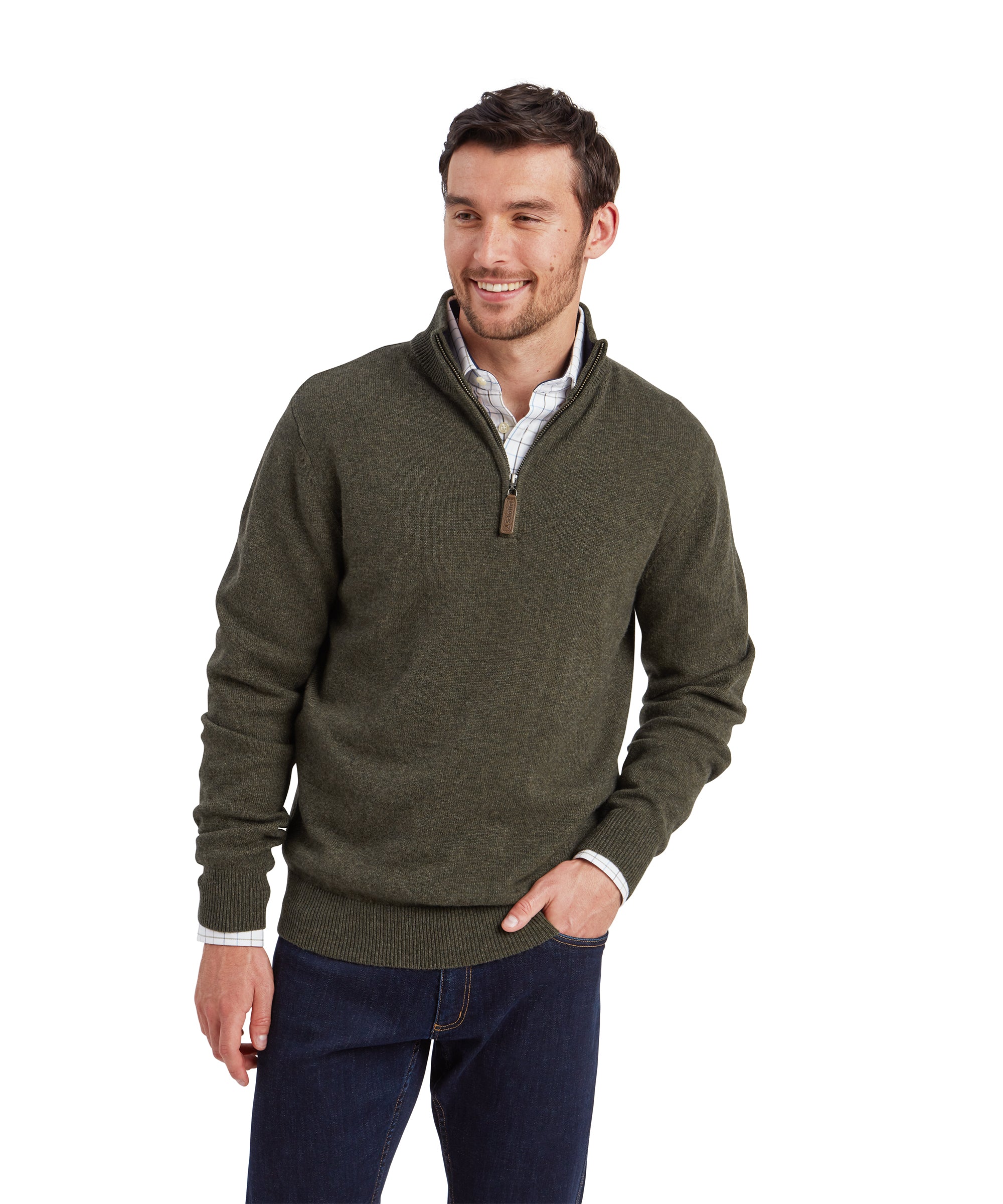 Man smiling wearing Schöffel Calton cotton cashmere quarter-zip jumper in green