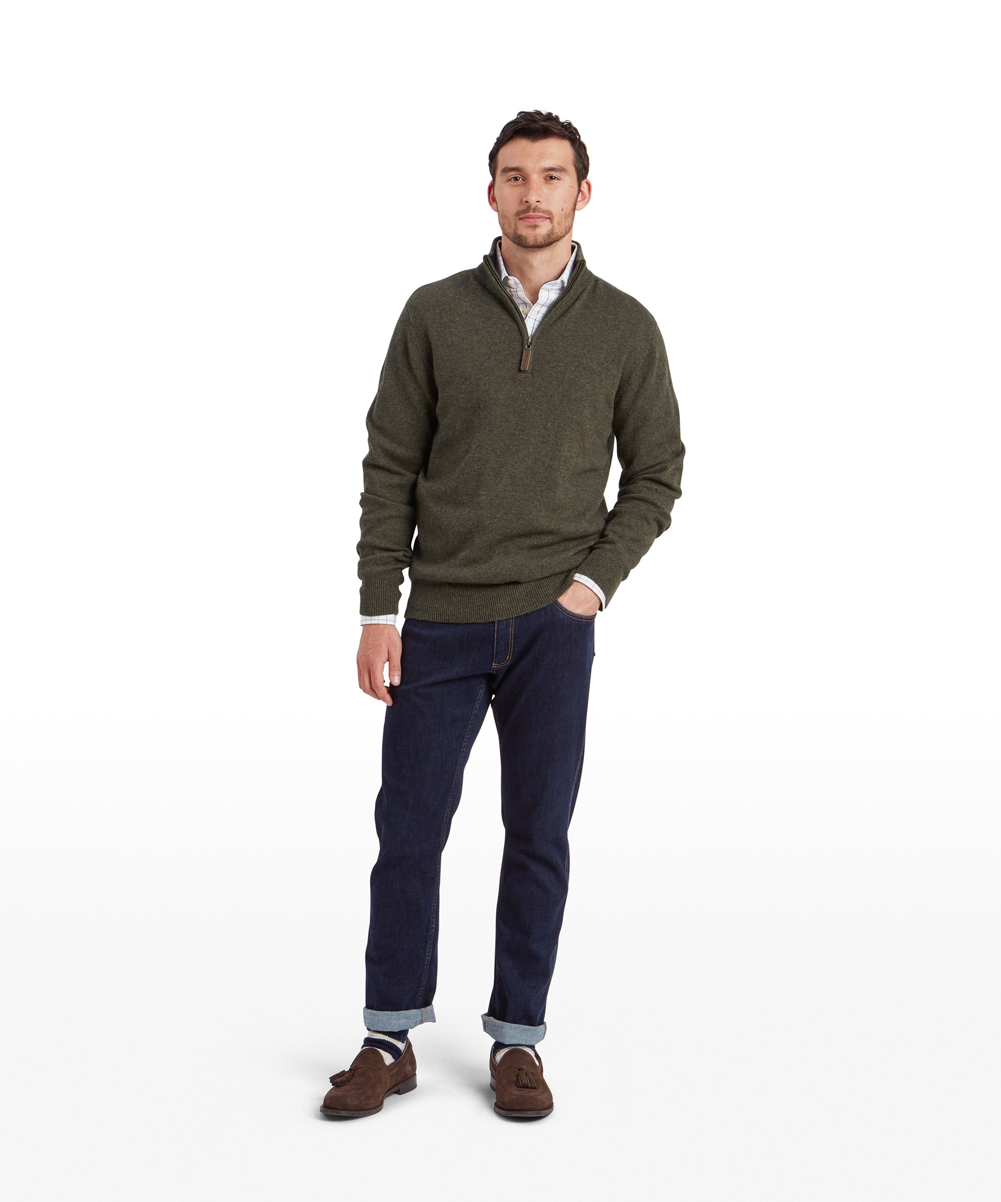 Man wearing Schöffel Calton cotton cashmere quarter-zip jumper in green, full-length front view