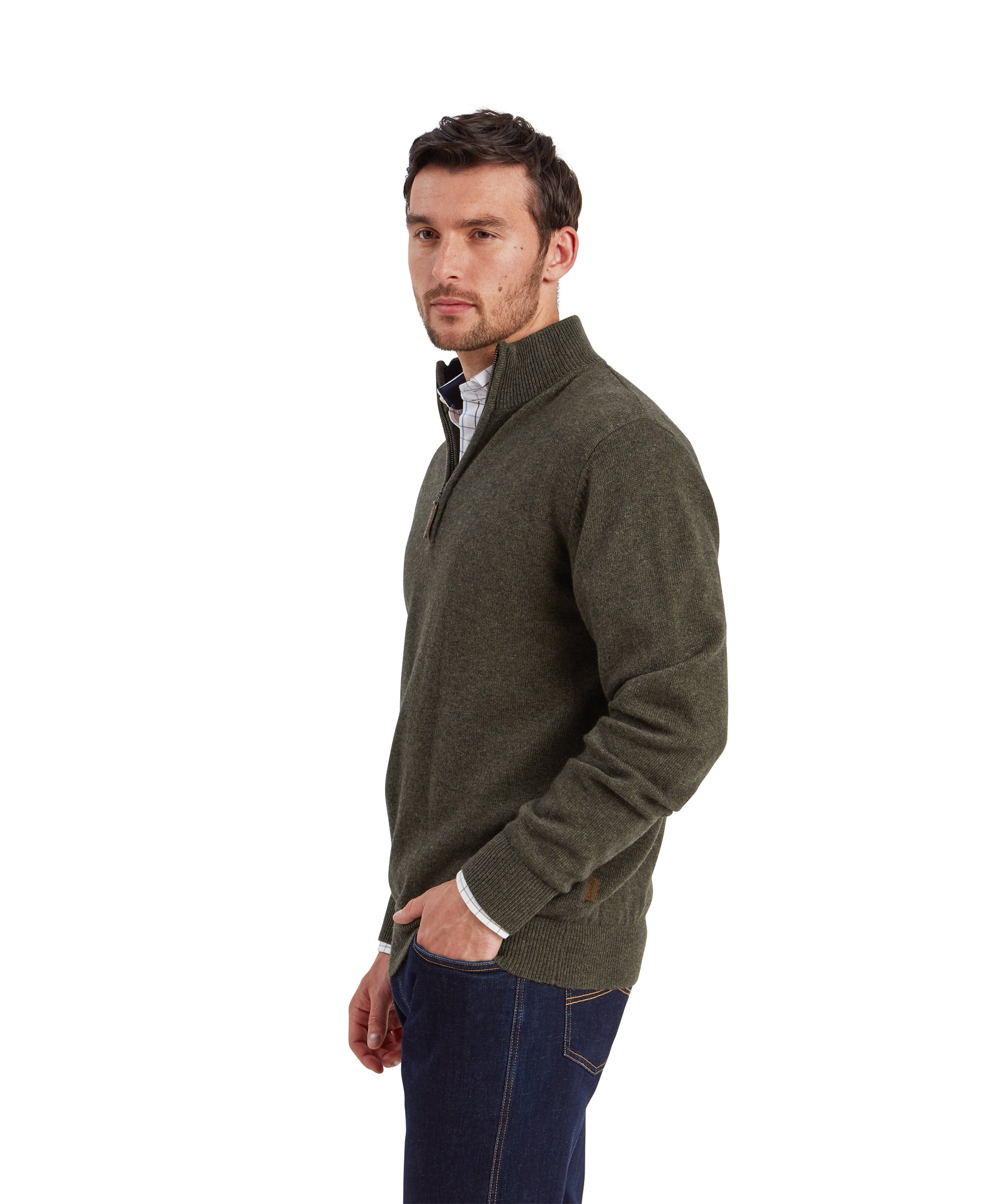 Man wearing Schöffel Calton cotton cashmere quarter-zip jumper in green, side profile view