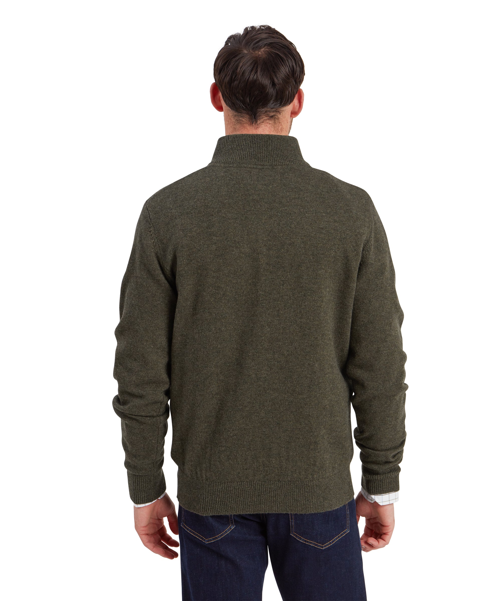 Man wearing Schöffel Calton cotton cashmere quarter-zip jumper in green, back view