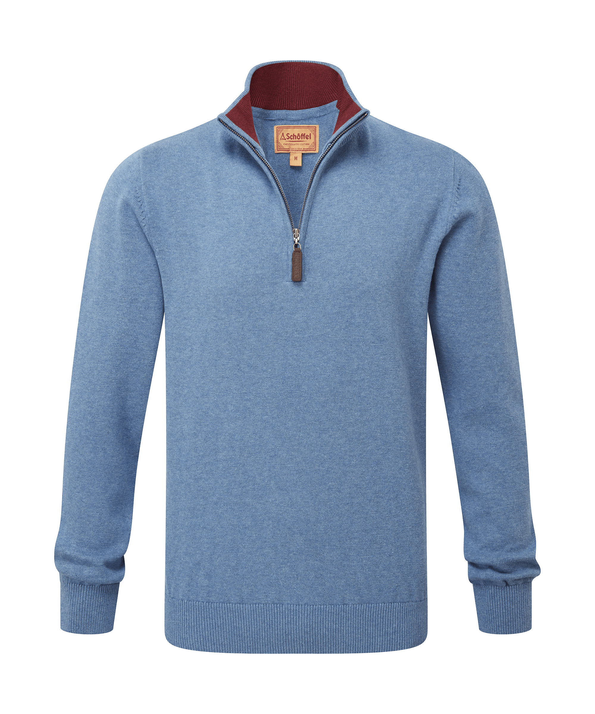 Schöffel men's textured half-zip jumper in pale blue with a burgundy collar contrast and leather zip pull