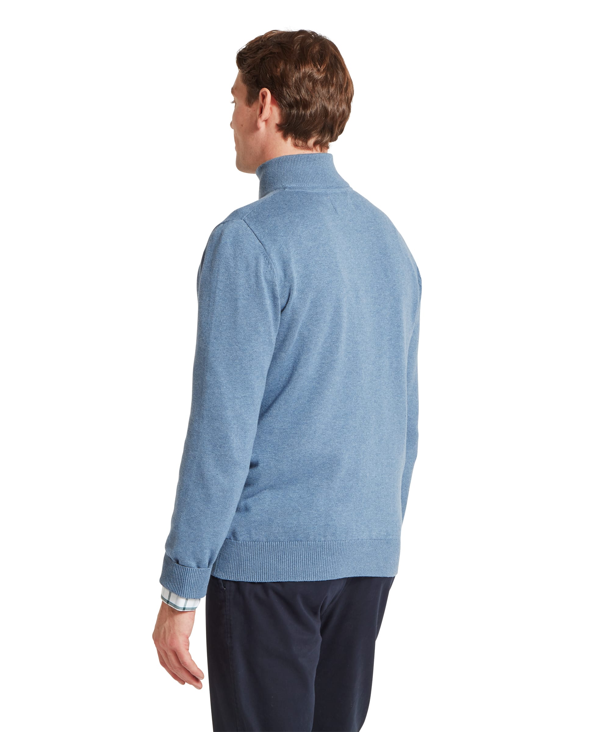 Schöffel Men's Calton Cotton Cashmere Quarter Zip Jumper in Blue - rear view showing the smooth back panel and ribbed hem of the denim-blue marl cotton-cashmere quarter-zip, worn over a check shirt with navy chinos.