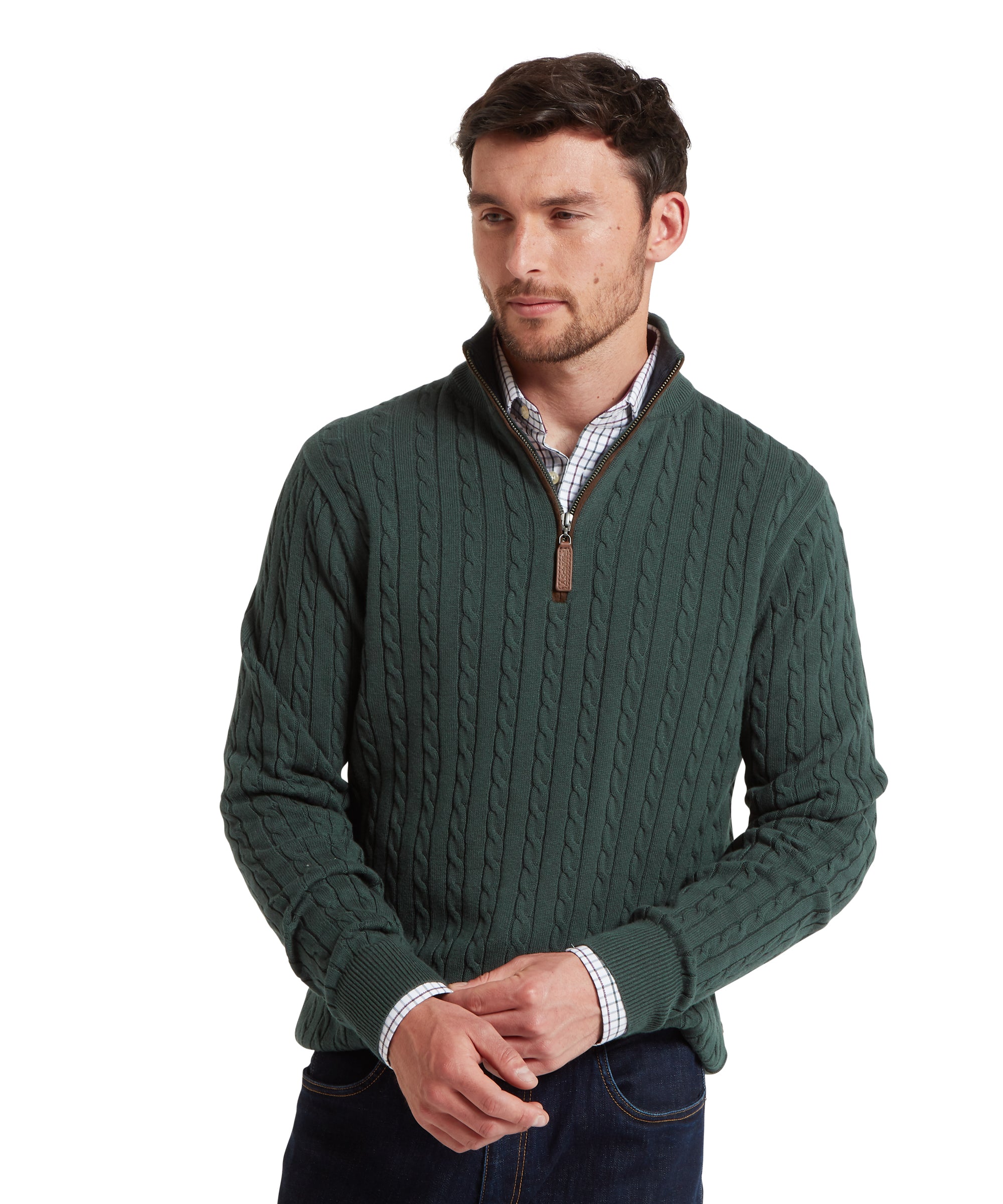 Calton Cotton Cashmere Cable Quarter Zip Jumper - Botanical Green