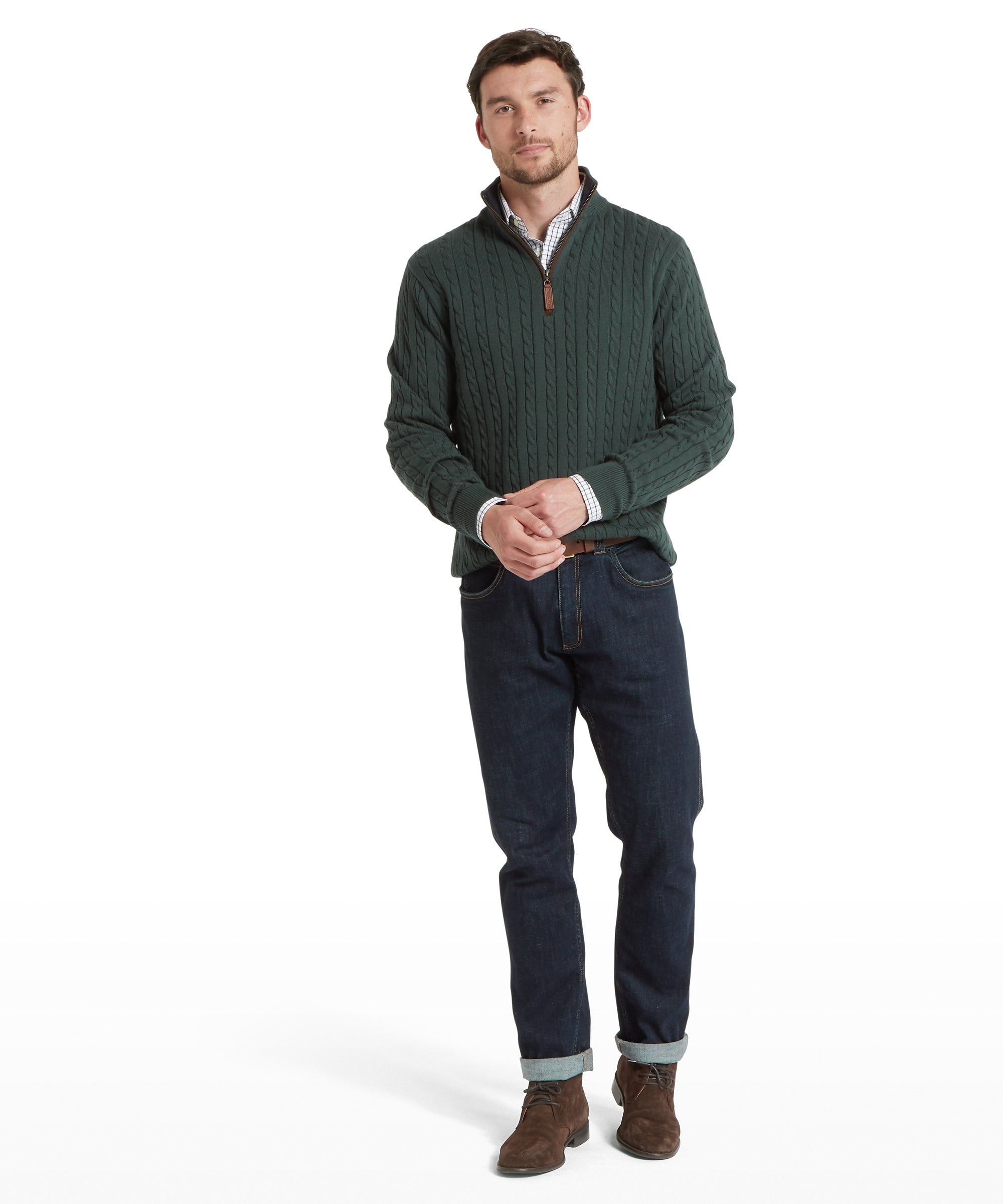 Calton Cotton Cashmere Cable Quarter Zip Jumper - Botanical Green