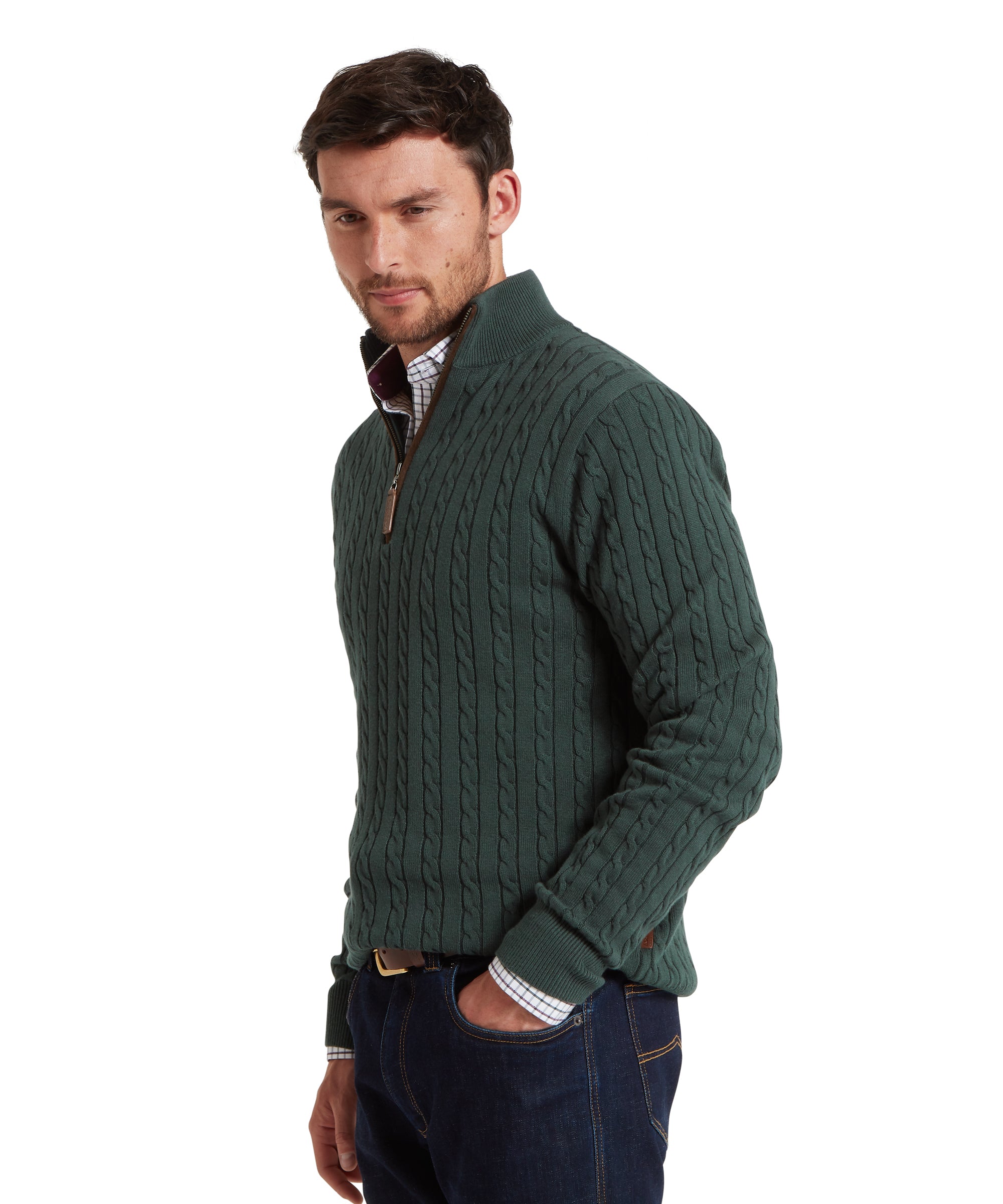 Calton Cotton Cashmere Cable Quarter Zip Jumper - Botanical Green