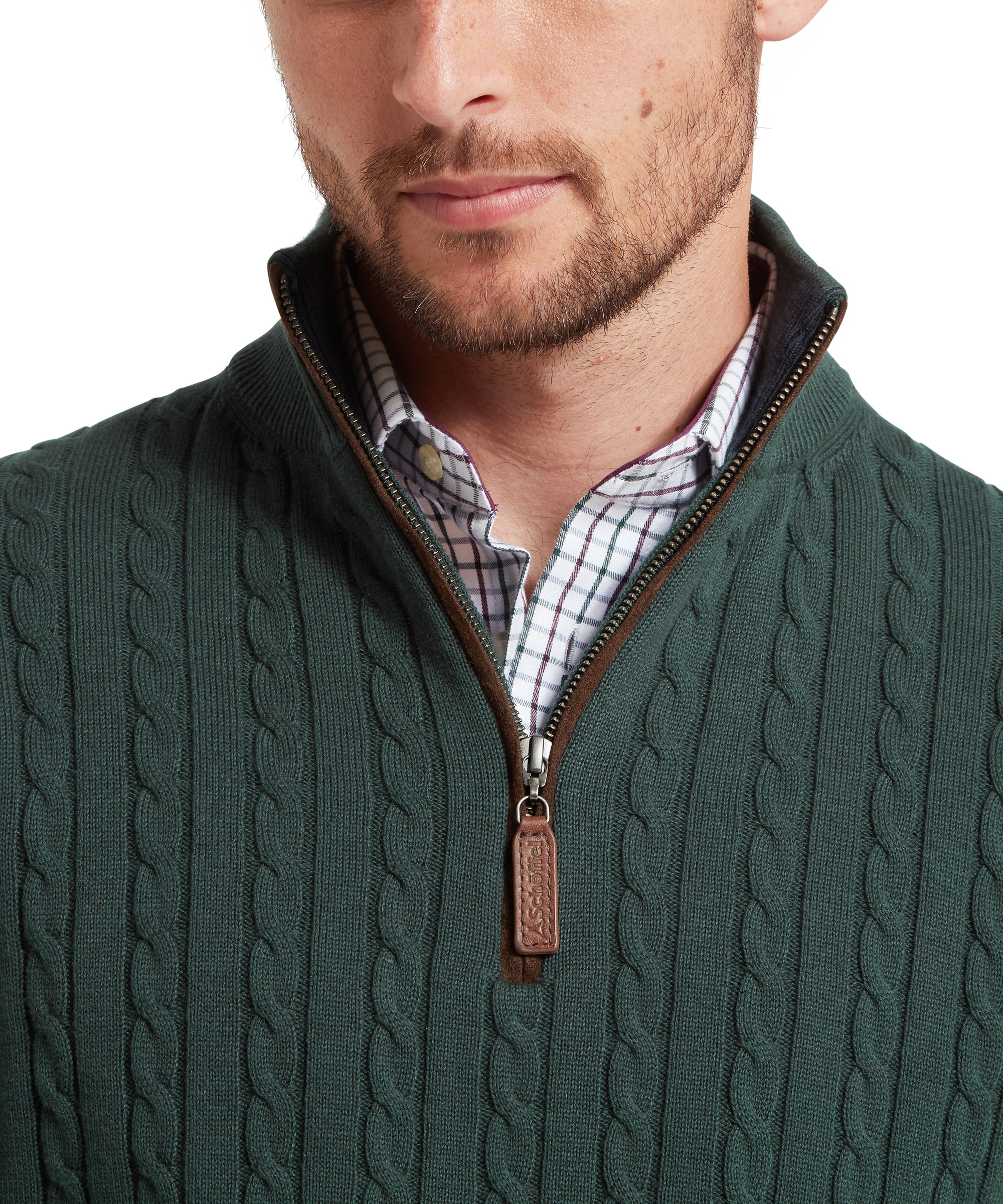 Calton Cotton Cashmere Cable Quarter Zip Jumper - Botanical Green
