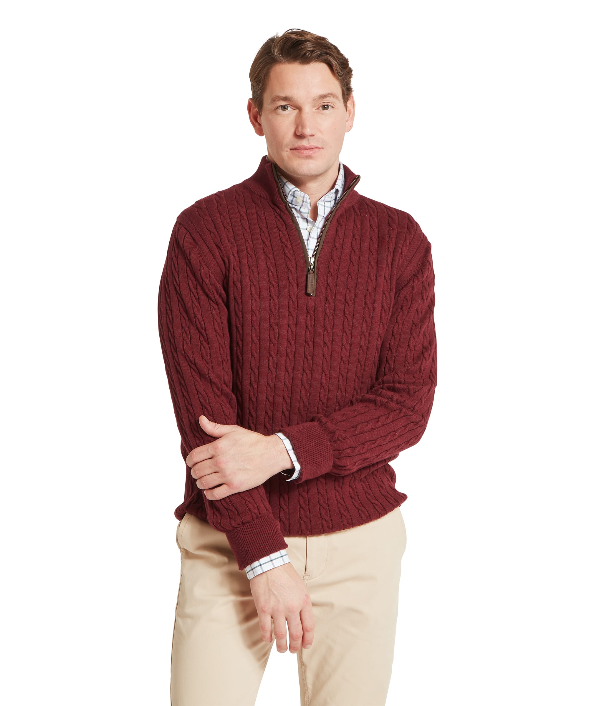 Schöffel Men's Calton Cotton Cashmere Cable 1/4 Zip Jumper in Red — front view with cable-knit detail and quarter-zip collar, layered over a check shirt with chinos