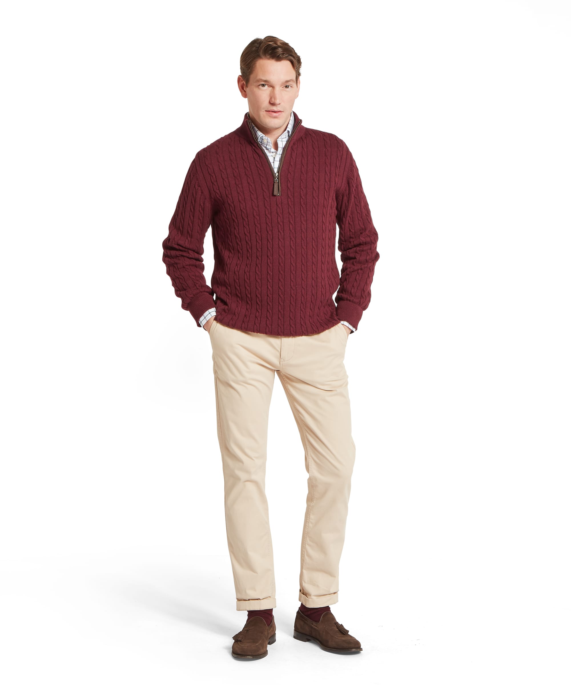 Schöffel Men's Calton Cotton Cashmere Cable 1/4 Zip Jumper in Red — front view showing cable-knit body and quarter-zip detail, styled with a check shirt and chinos