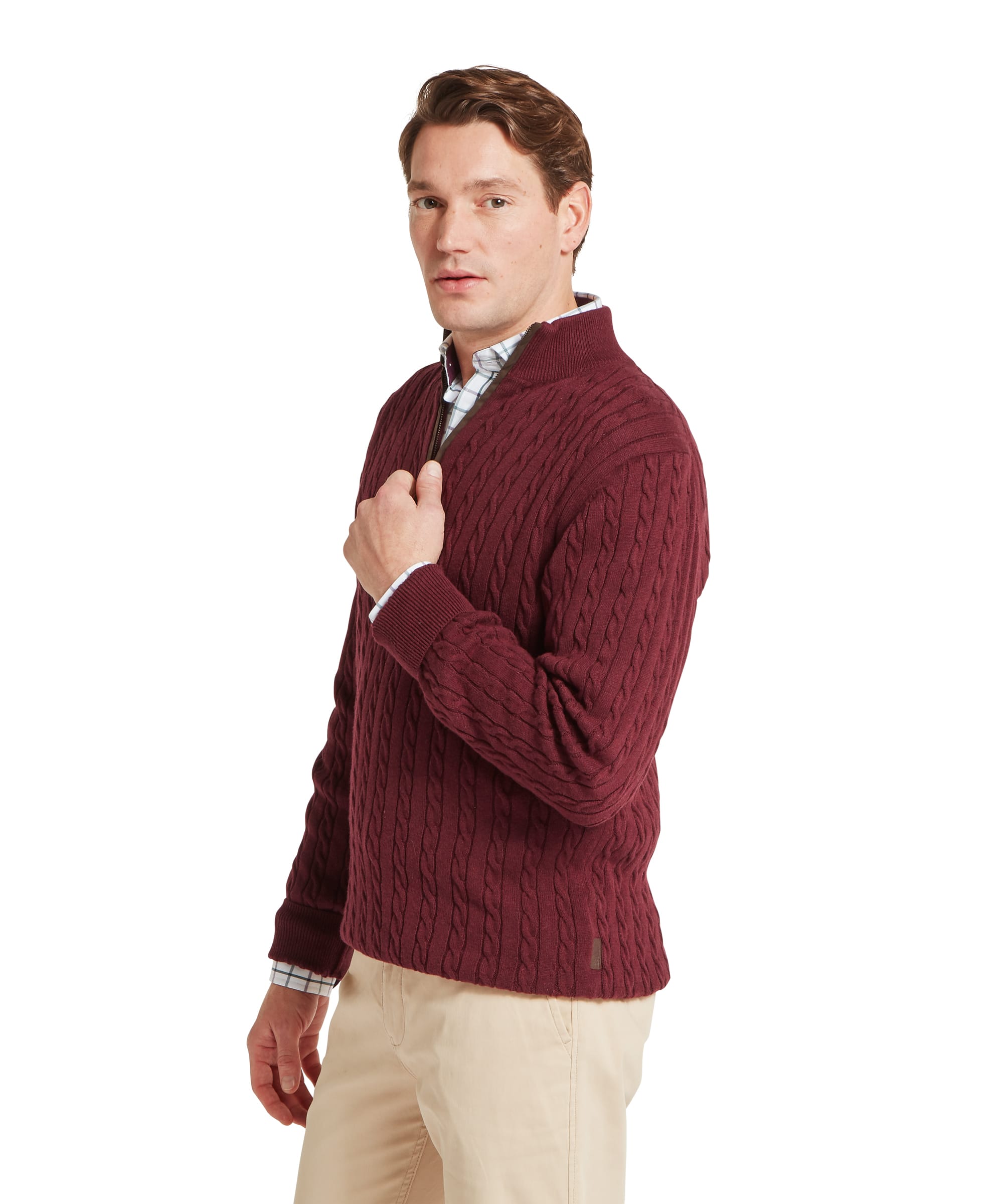Schöffel Men's Calton Cotton Cashmere Cable 1/4 Zip Jumper in Red — side view showing cable-knit texture and quarter-zip neckline with check shirt layered beneath