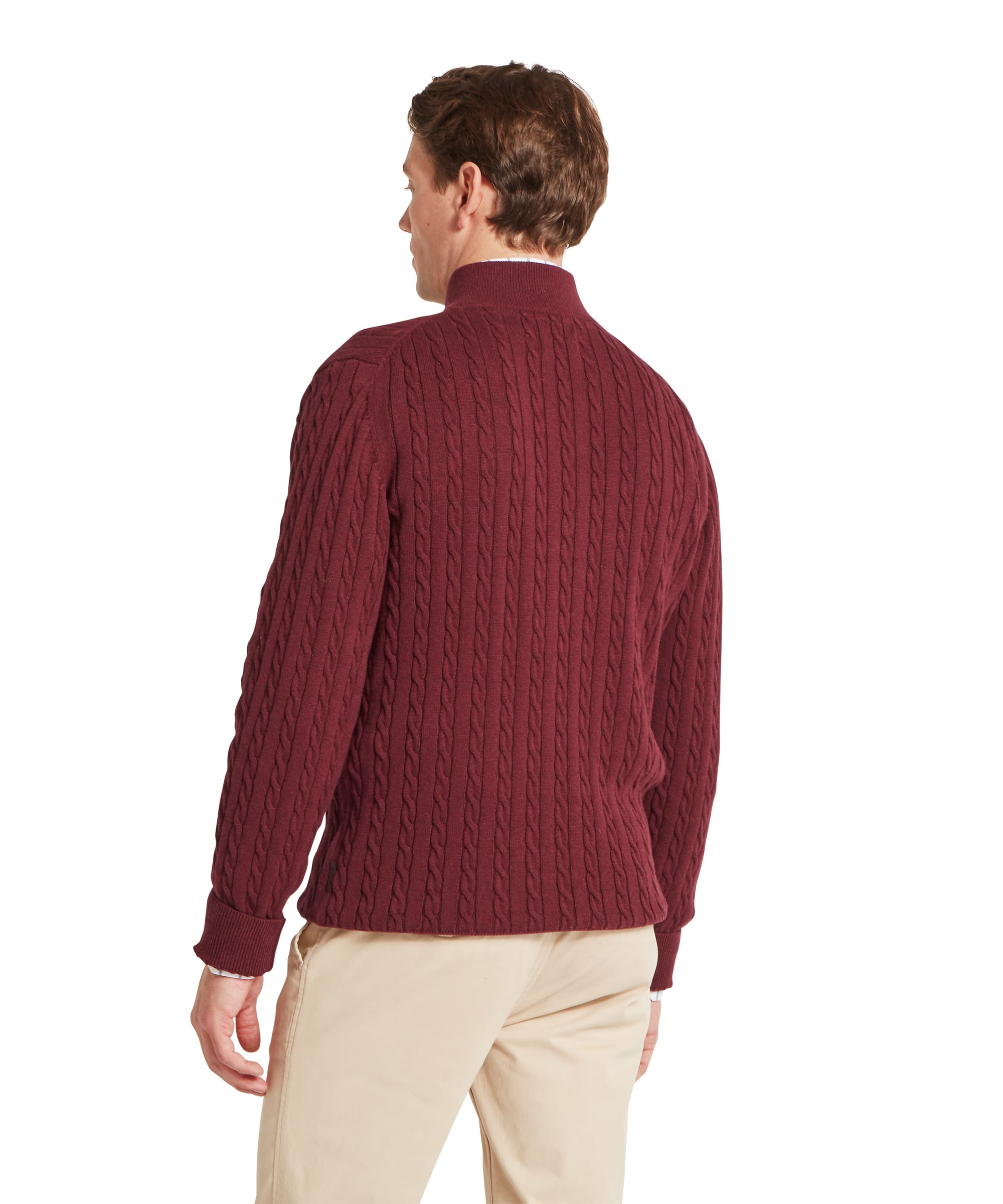 Schöffel Men's Calton Cotton Cashmere Cable 1/4 Zip Jumper in Red — rear view showing full cable-knit pattern and ribbed cuffs, paired with chinos