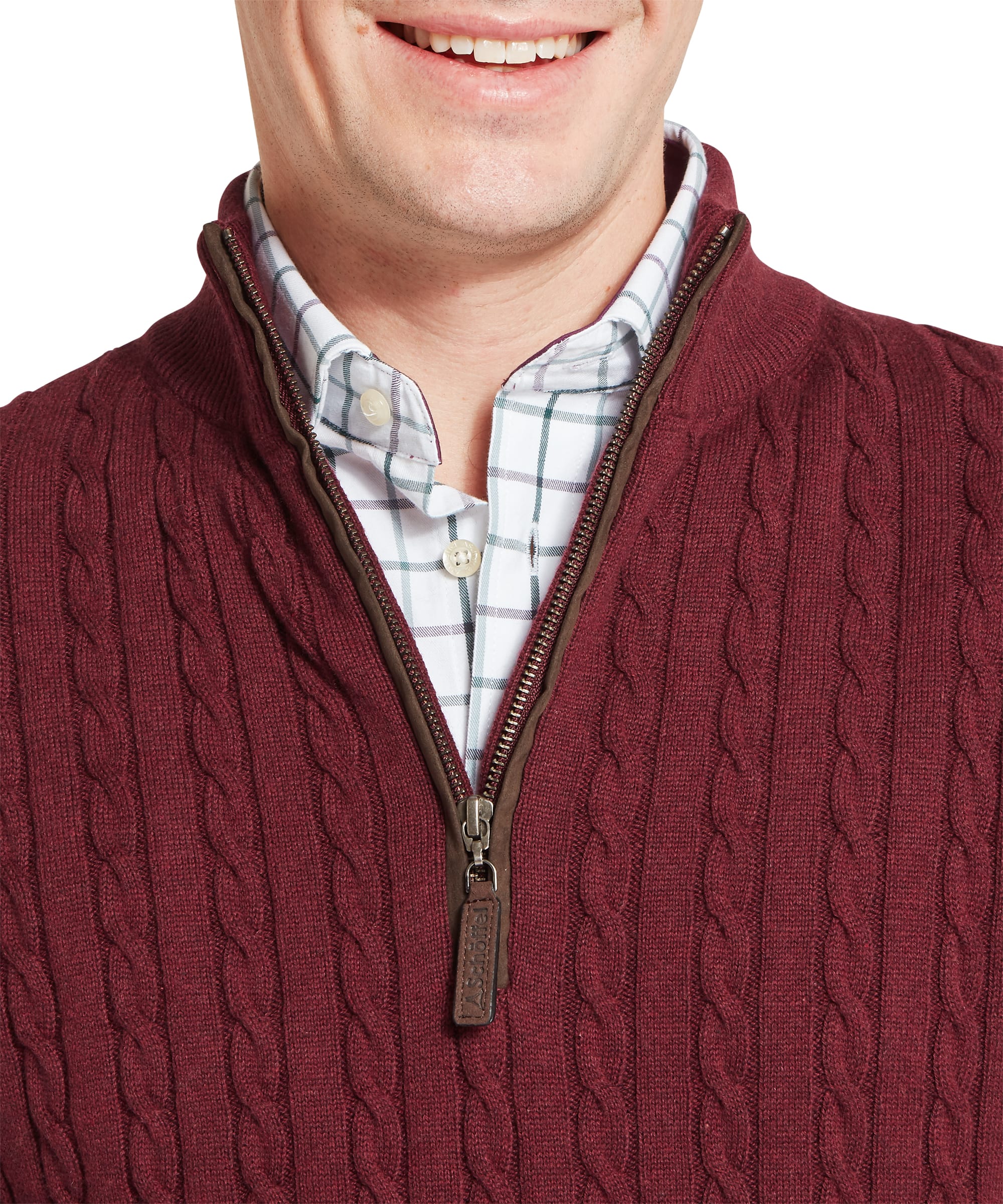 Schöffel Men's Calton Cotton Cashmere Cable 1/4 Zip Jumper in Red — close-up of leather-trimmed zip opening, branded Schöffel pull tab and cable-knit detail