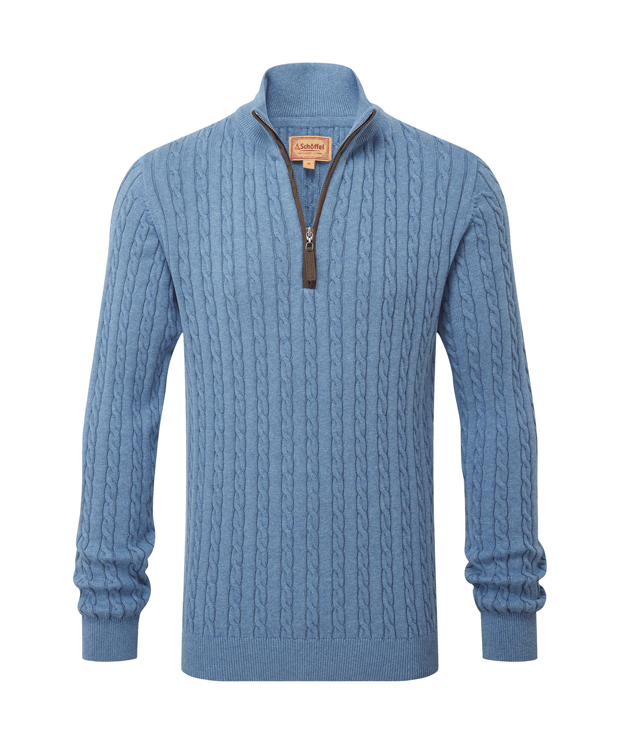 Schöffel men's cable-knit half-zip jumper in cornflower blue with a leather zip pull and branded patch label