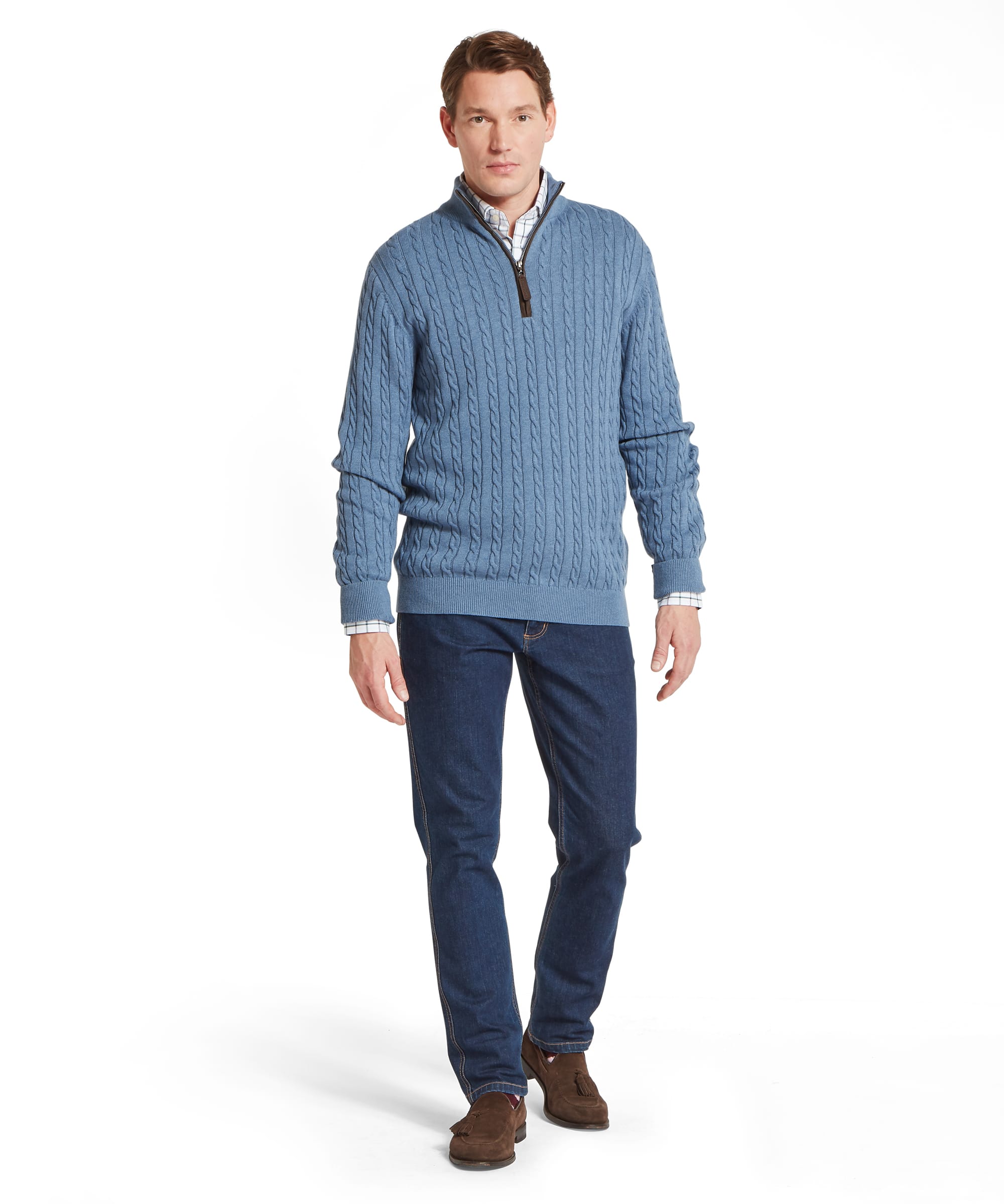 Schöffel Men's Calton Cotton Cashmere Cable 1/4 Zip Jumper in Blue — full-length front view styled with dark indigo jeans and brown suede tassel loafers