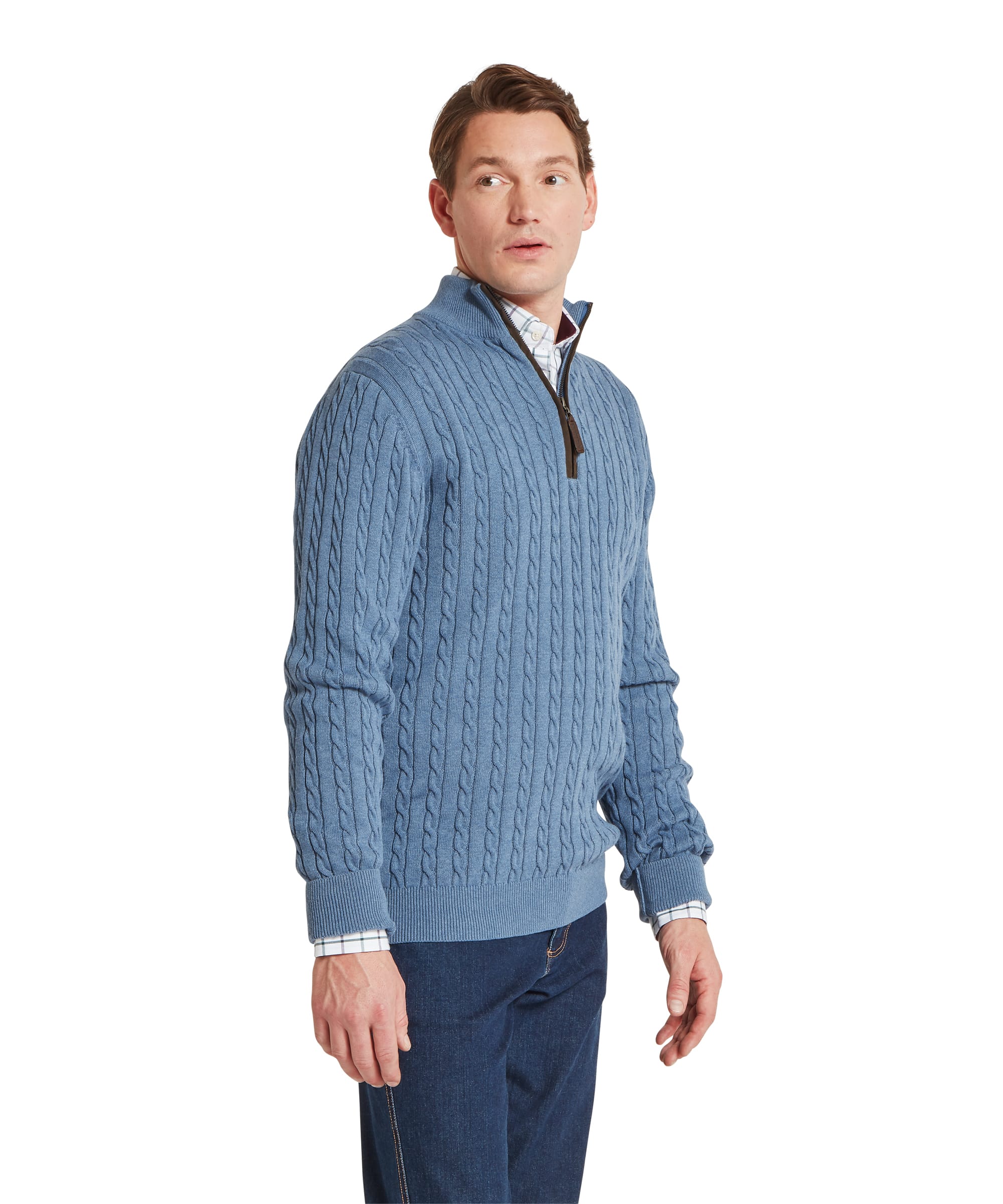 Schöffel Men's Calton Cotton Cashmere Cable 1/4 Zip Jumper in Blue — three-quarter side view highlighting the cable-knit texture and layered check shirt collar