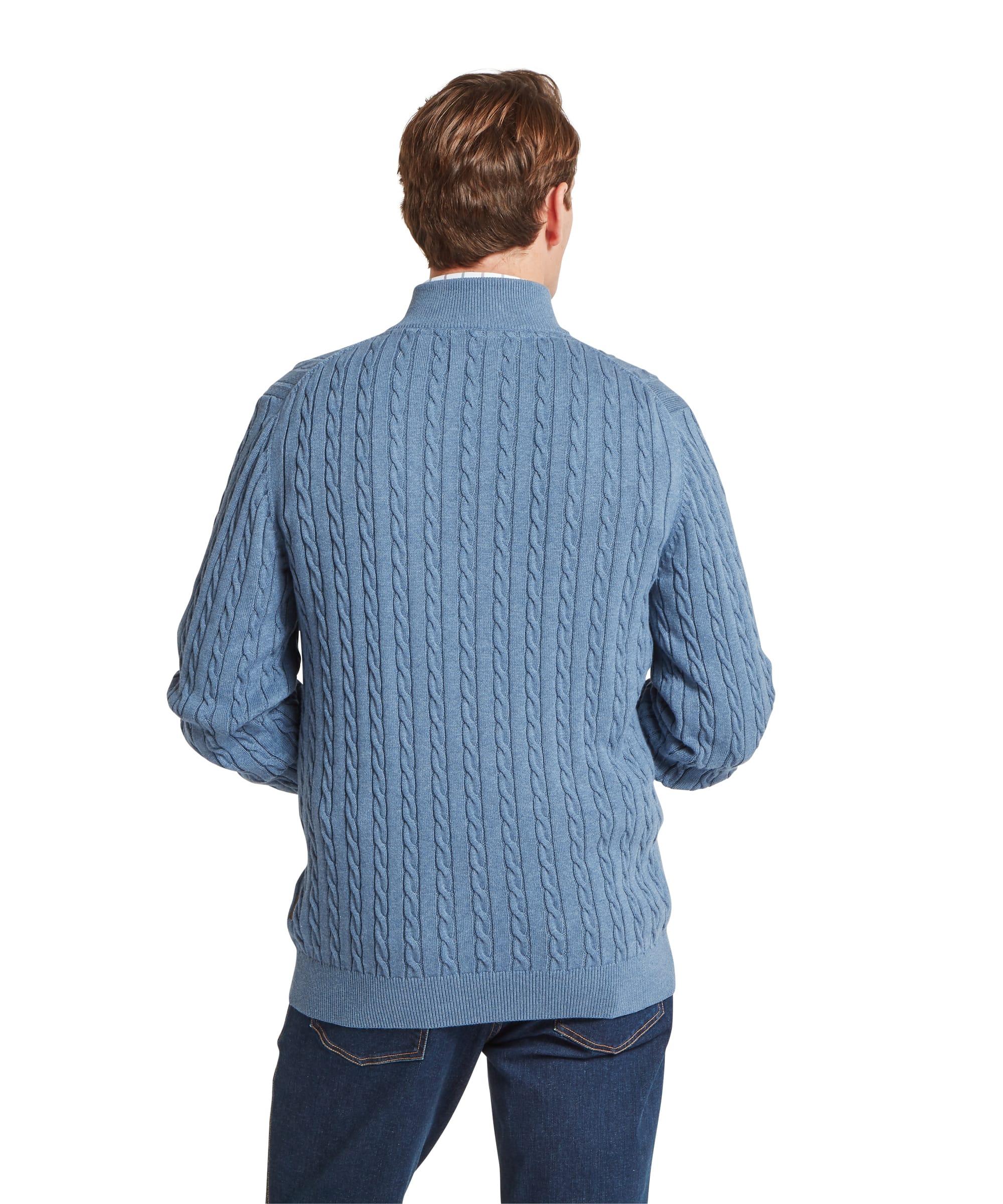 Schöffel Men's Calton Cotton Cashmere Cable 1/4 Zip Jumper in Blue — rear view showing all-over cable-knit texture, ribbed hem and cuffs