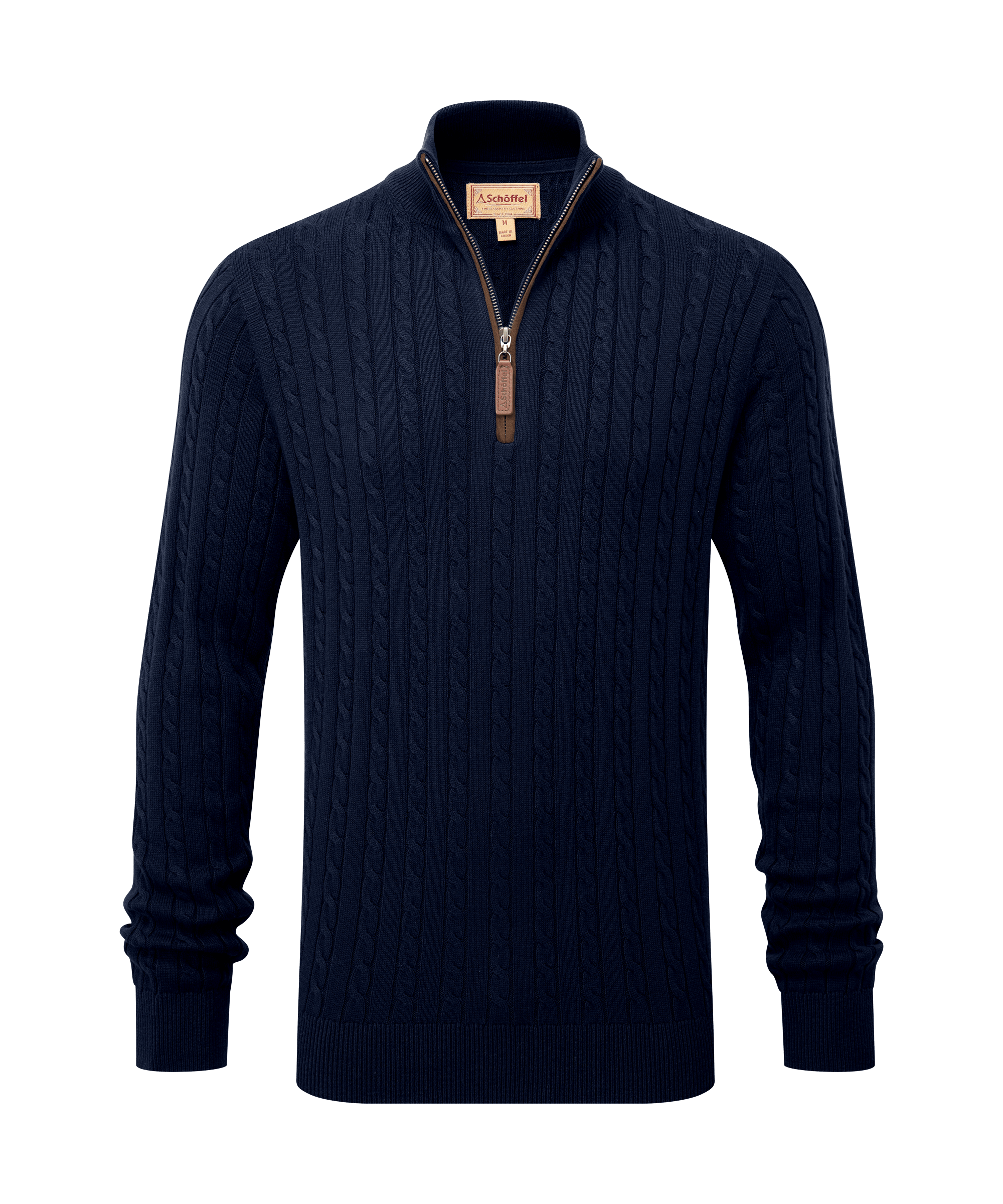 Schöffel men's cable-knit half-zip jumper in navy with a leather zip pull and branded patch label