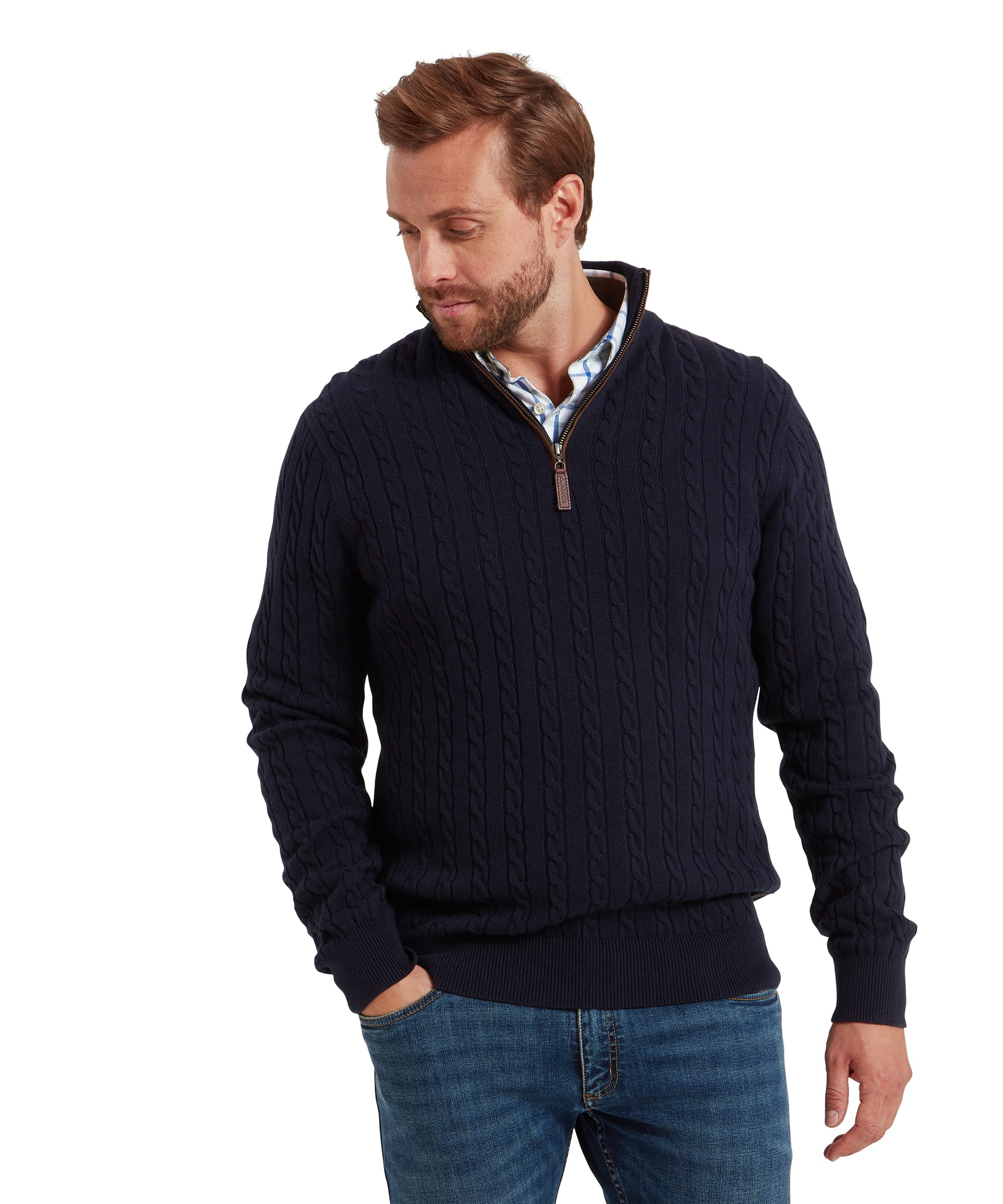 Schöffel Calton men's cotton cashmere cable knit quarter-zip jumper in navy, close-up front view showing leather zip pull and check shirt underneath