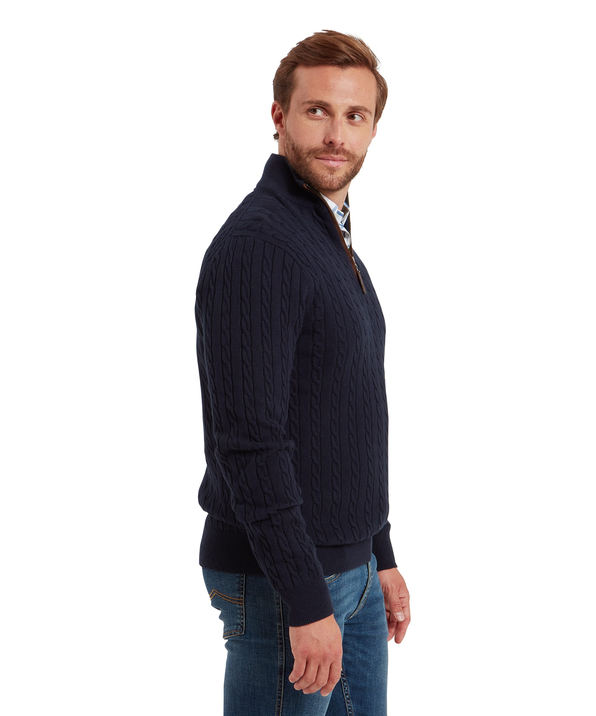 Schöffel Calton men's cotton cashmere cable knit quarter-zip jumper in navy, side profile view highlighting ribbed cuffs and cable knit texture