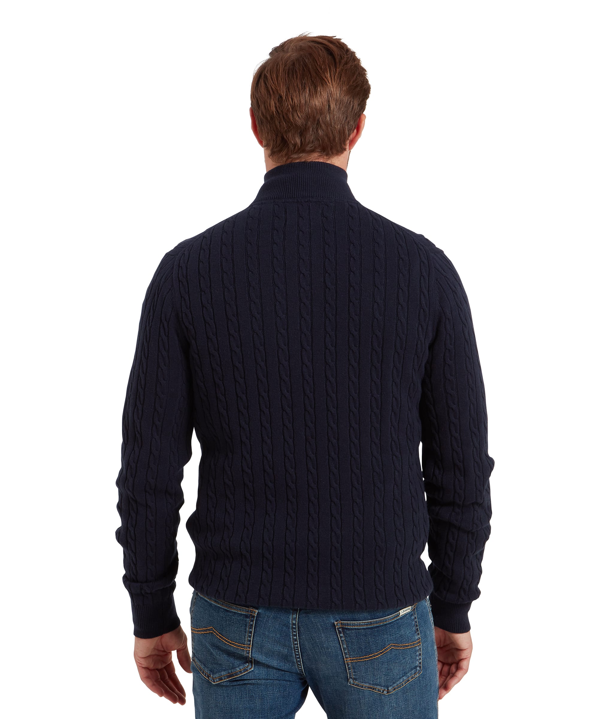Schöffel Calton men's cotton cashmere cable knit quarter-zip jumper in navy, back view showing cable knit pattern and funnel neck collar