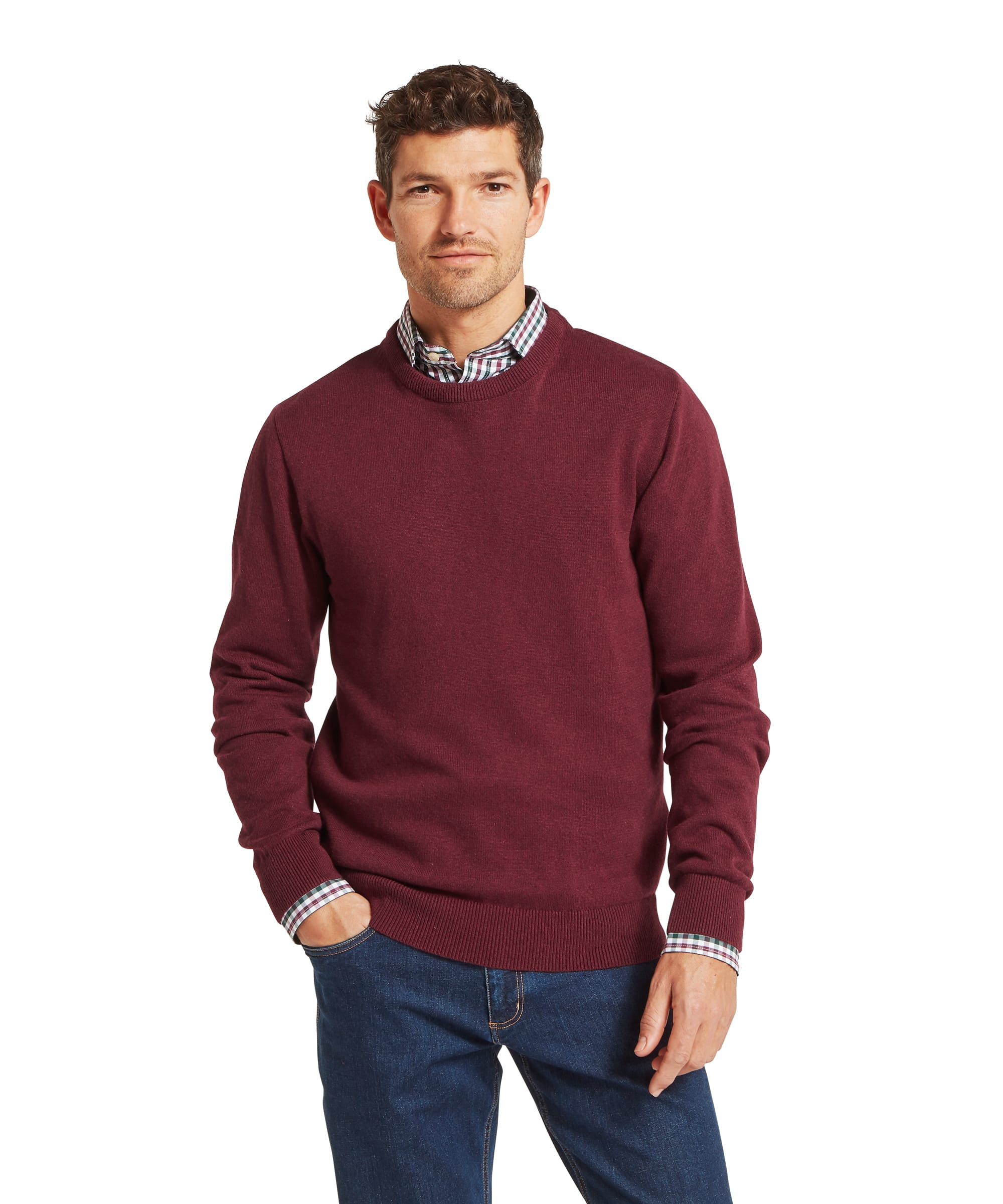 Schöffel Men's Calton Cotton Cashmere Crew Jumper in Red — front view showing ribbed crew neck and smooth knit finish, styled with a check shirt and jeans