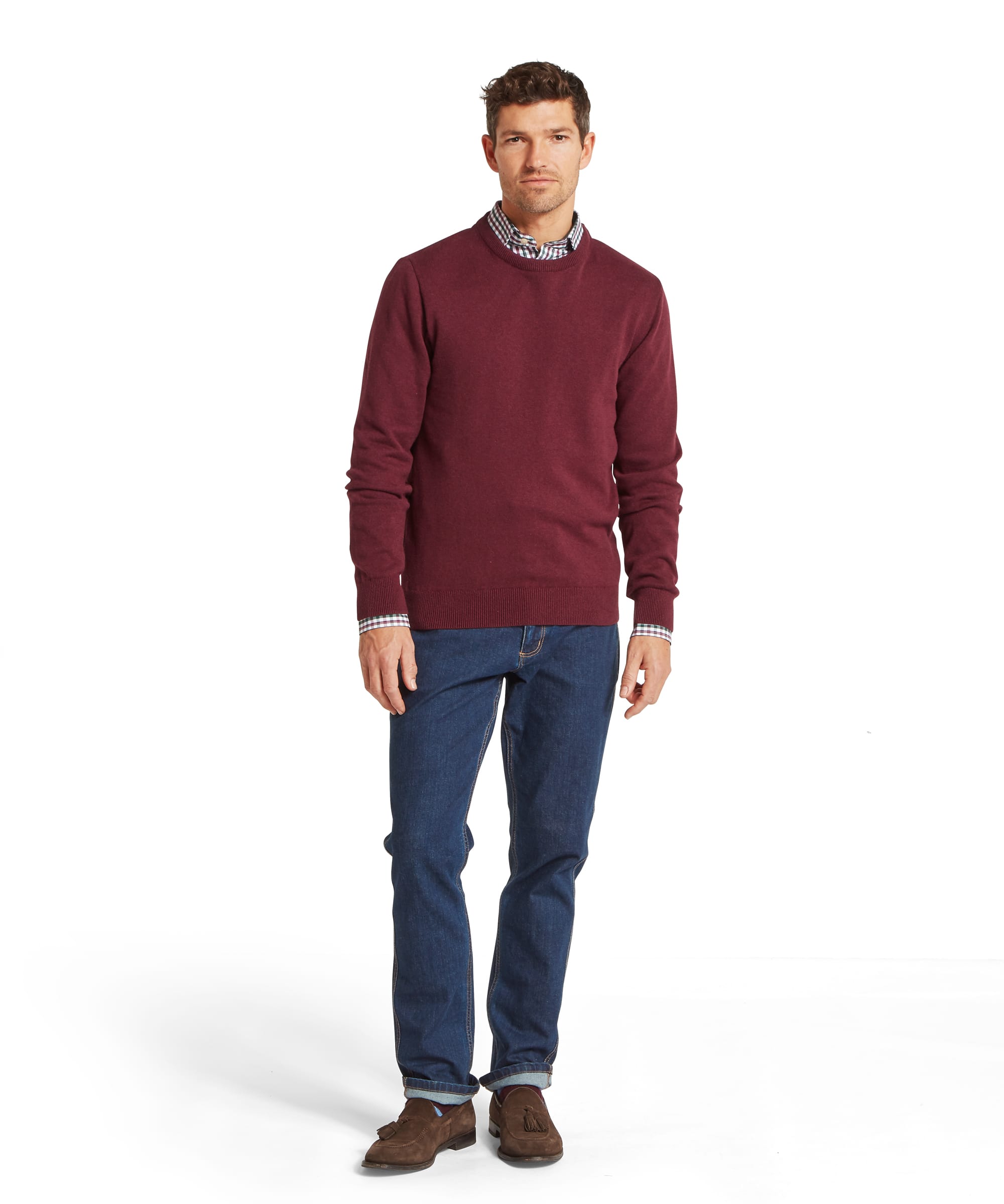 Schöffel Men's Calton Cotton Cashmere Crew Jumper in Red — full-length front view styled with dark jeans, gingham check shirt and brown suede tassel loafers