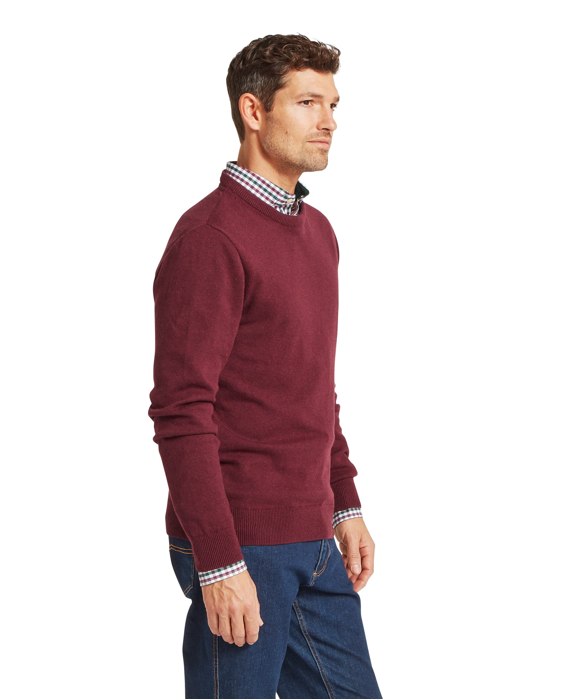 Schöffel Men's Calton Cotton Cashmere Crew Jumper in Red — side profile view showing ribbed crew neck with gingham shirt collar visible above
