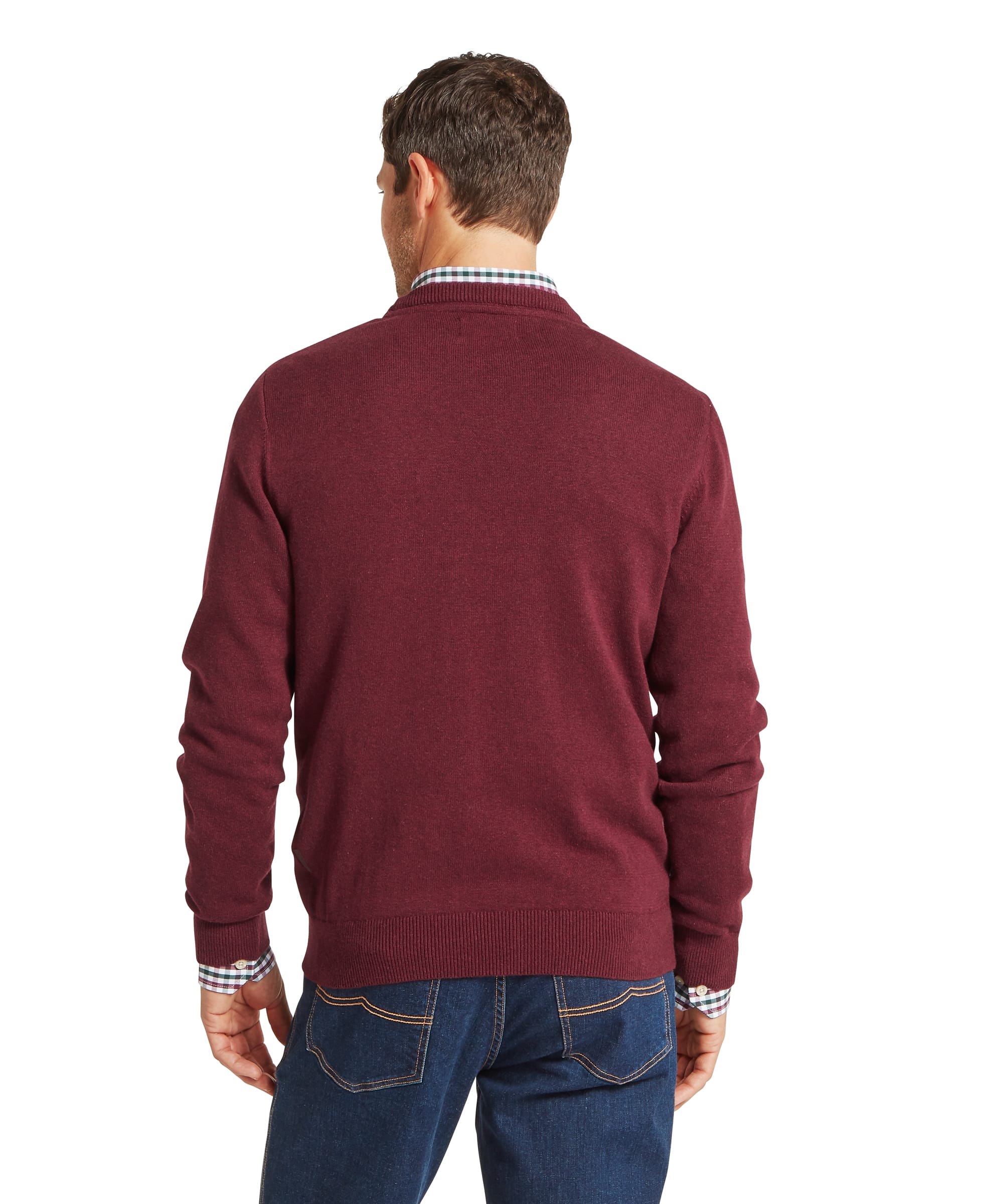 Schöffel Men's Calton Cotton Cashmere Crew Jumper in Red — rear view showing smooth knit finish, ribbed hem and cuffs with gingham shirt detail