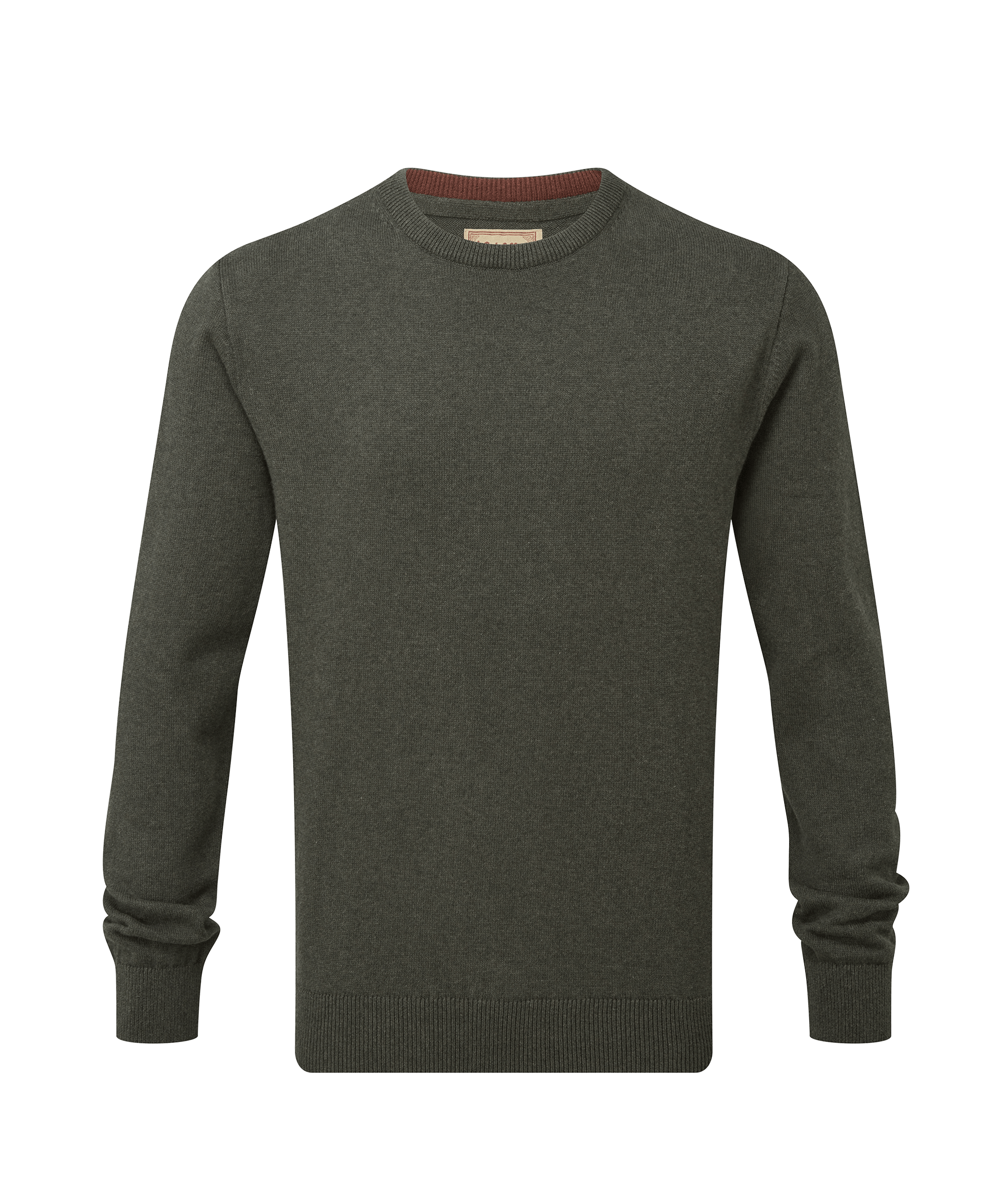 Schöffel men's crew-neck sweater in dark forest green with a branded patch label