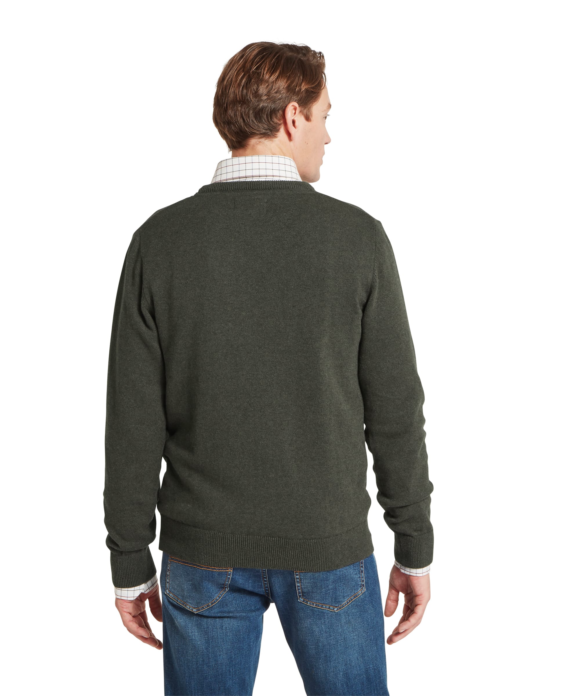 Schöffel Men's Calton Cotton Cashmere Crew Jumper in Green — rear view showing smooth knit finish, ribbed hem and cuffs with check shirt detail