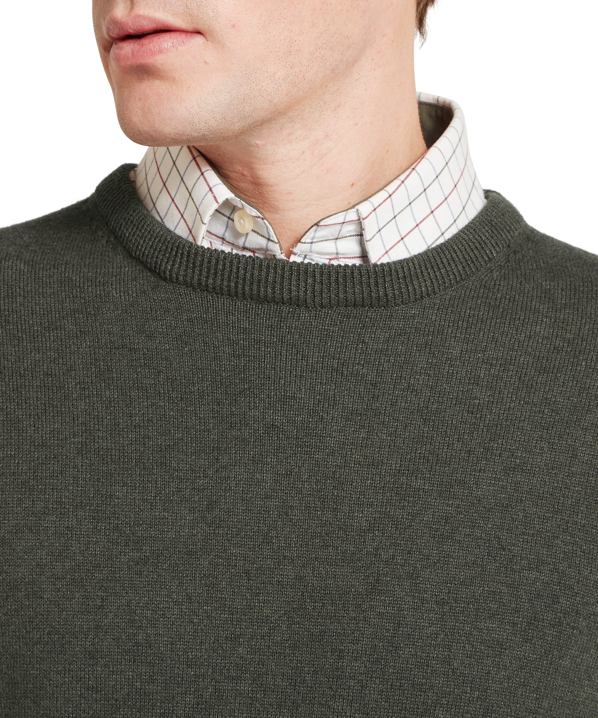 Schöffel Men's Calton Cotton Cashmere Crew Jumper in Green — close-up of ribbed crew neckline showing knit quality and layered check shirt collar beneath