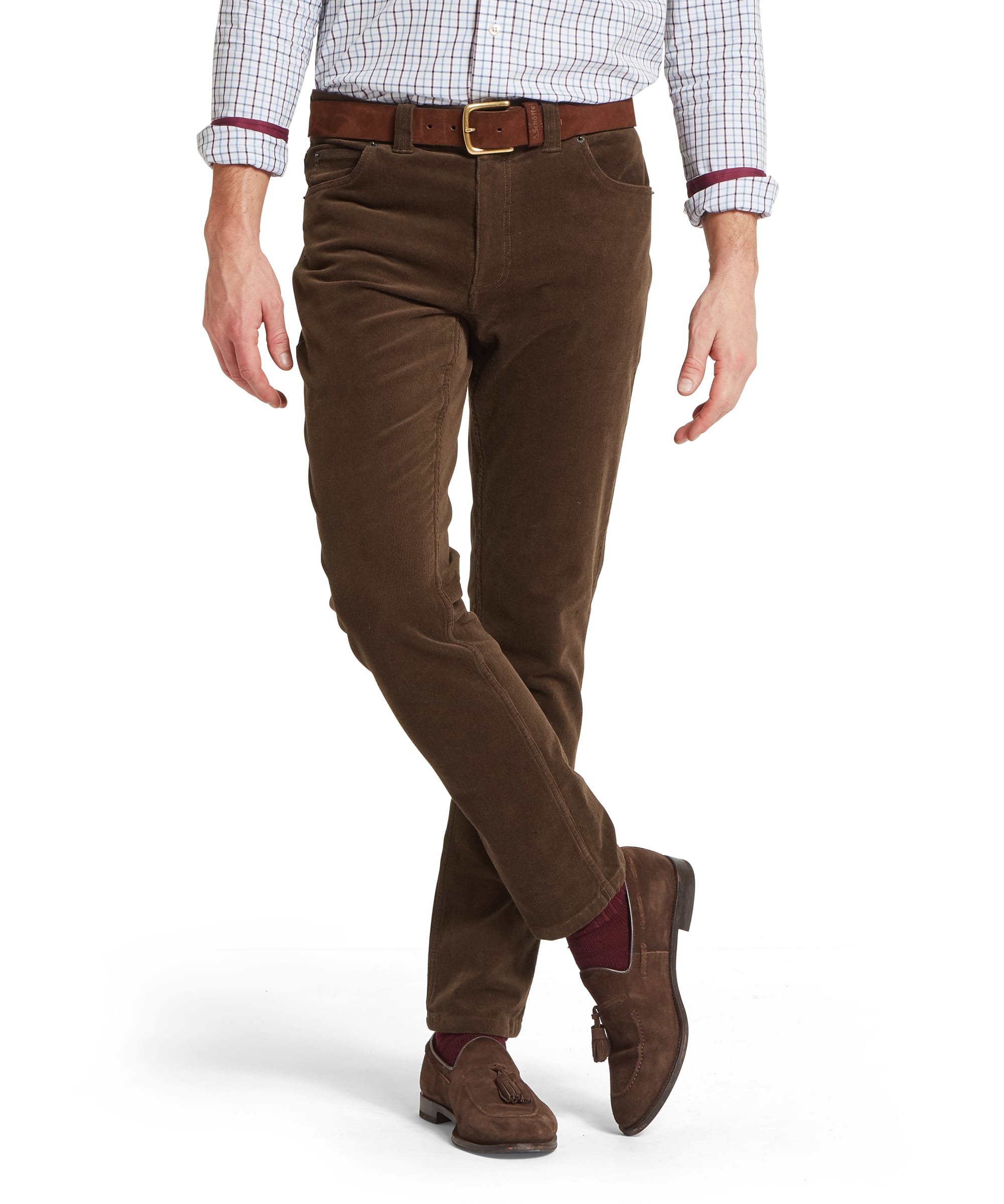 Schöffel Men's Camden Cord Trousers in Brown — front cropped view showing fine-wale corduroy fabric, five-pocket styling and leather belt with brass buckle