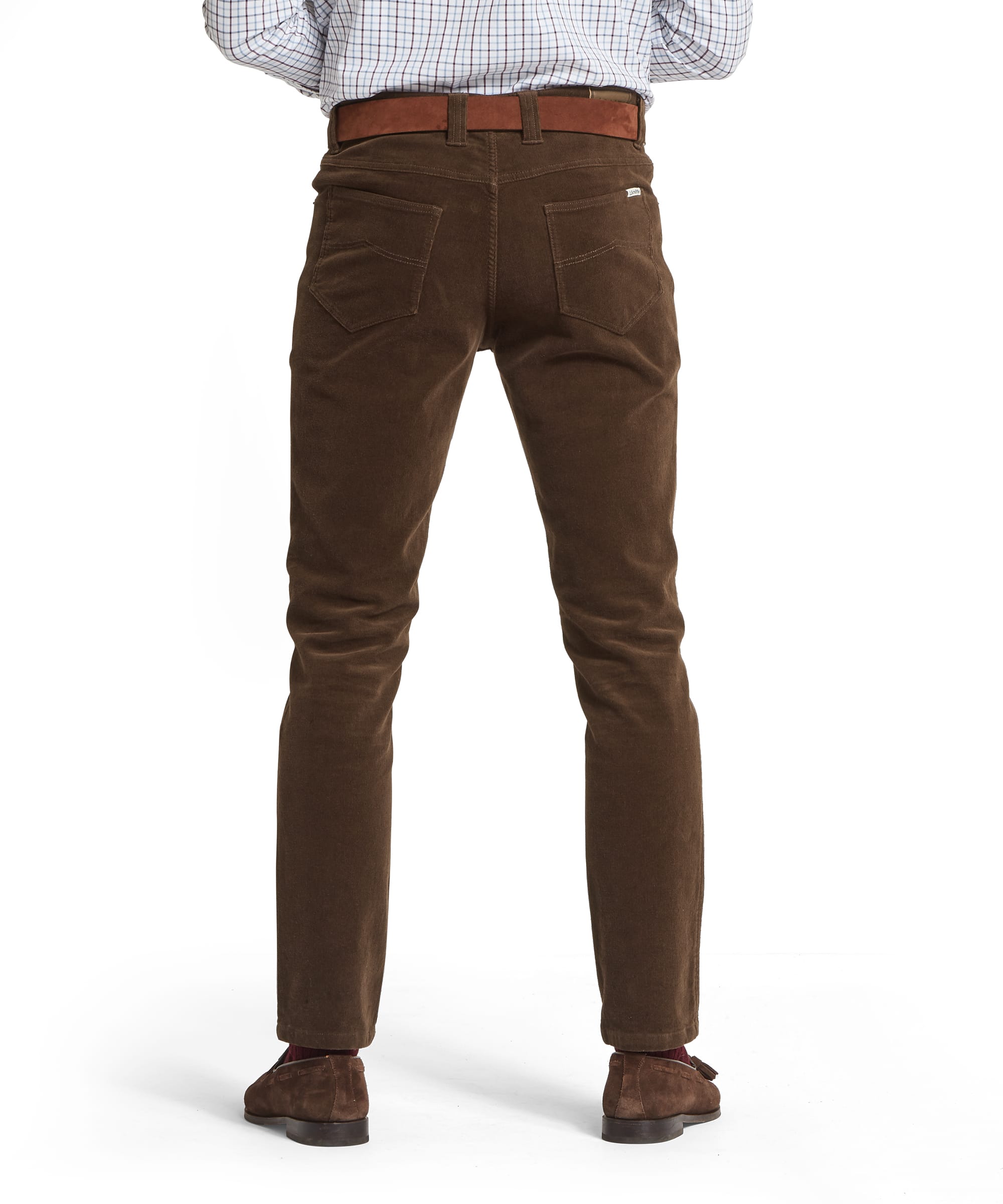 Schöffel Men's Camden Cord Trousers in Brown — rear view showing five-pocket cut, Schöffel woven label on back pocket and suede leather belt detail