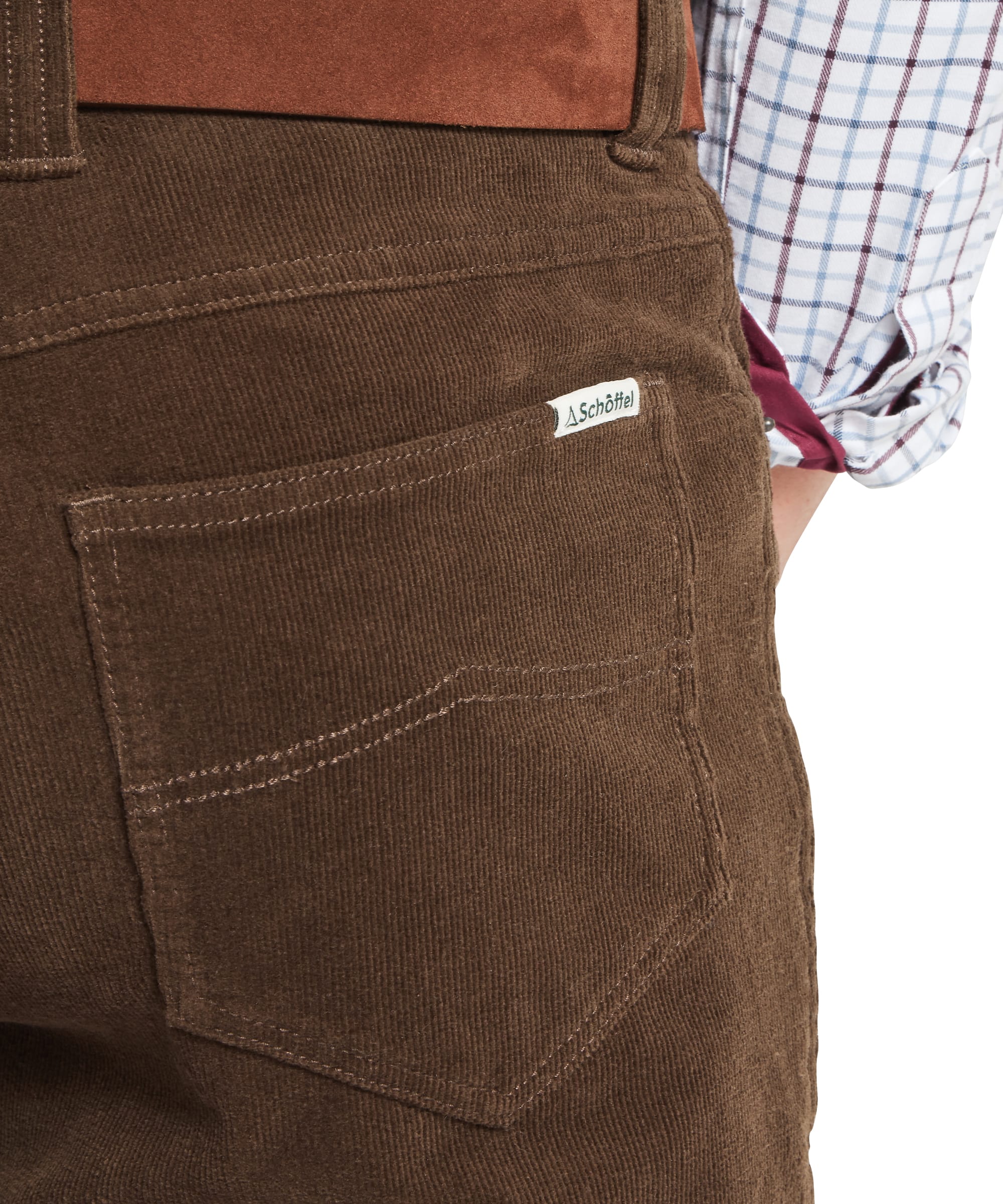 Schöffel Men's Camden Cord Trousers in Brown — close-up of back pocket showing fine-wale corduroy weave and Schöffel branded woven label