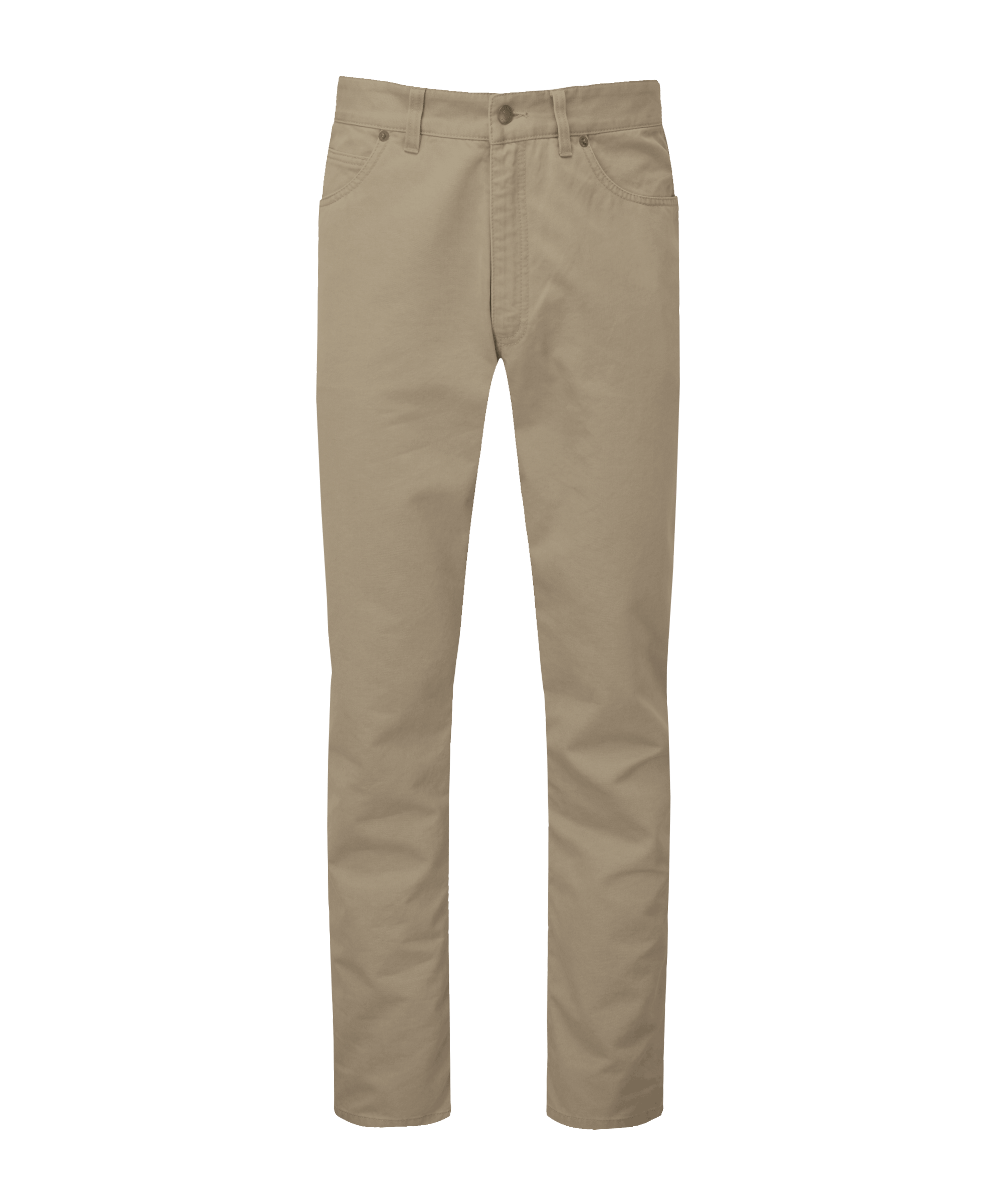 Men’s camel-coloured jeans with a straight-leg cut, front pockets, belt loops, and button-zip fastening, displayed on a transparent background.