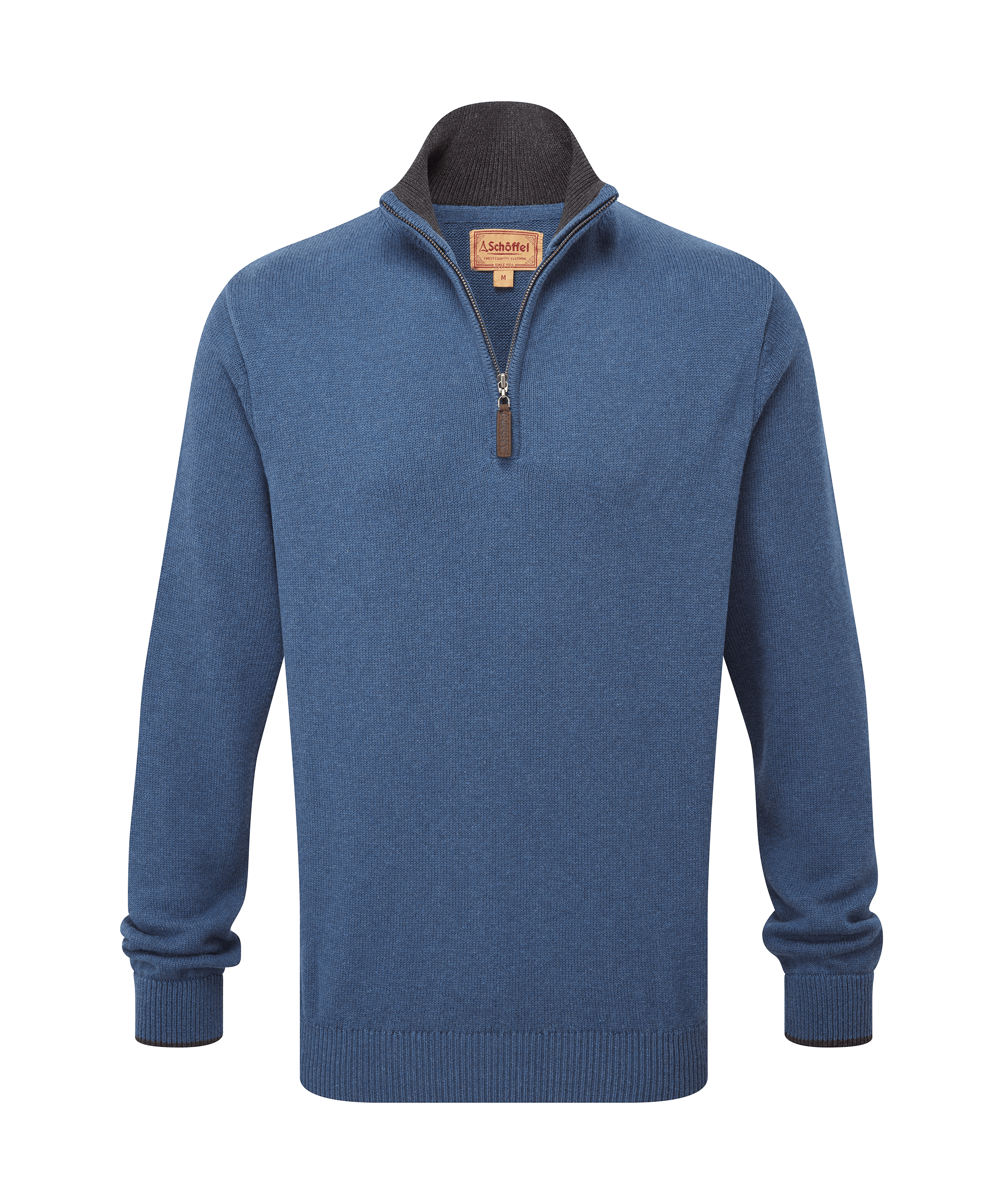 Schöffel men's textured half-zip sweater in mid-blue with a charcoal contrast collar and leather zip pull