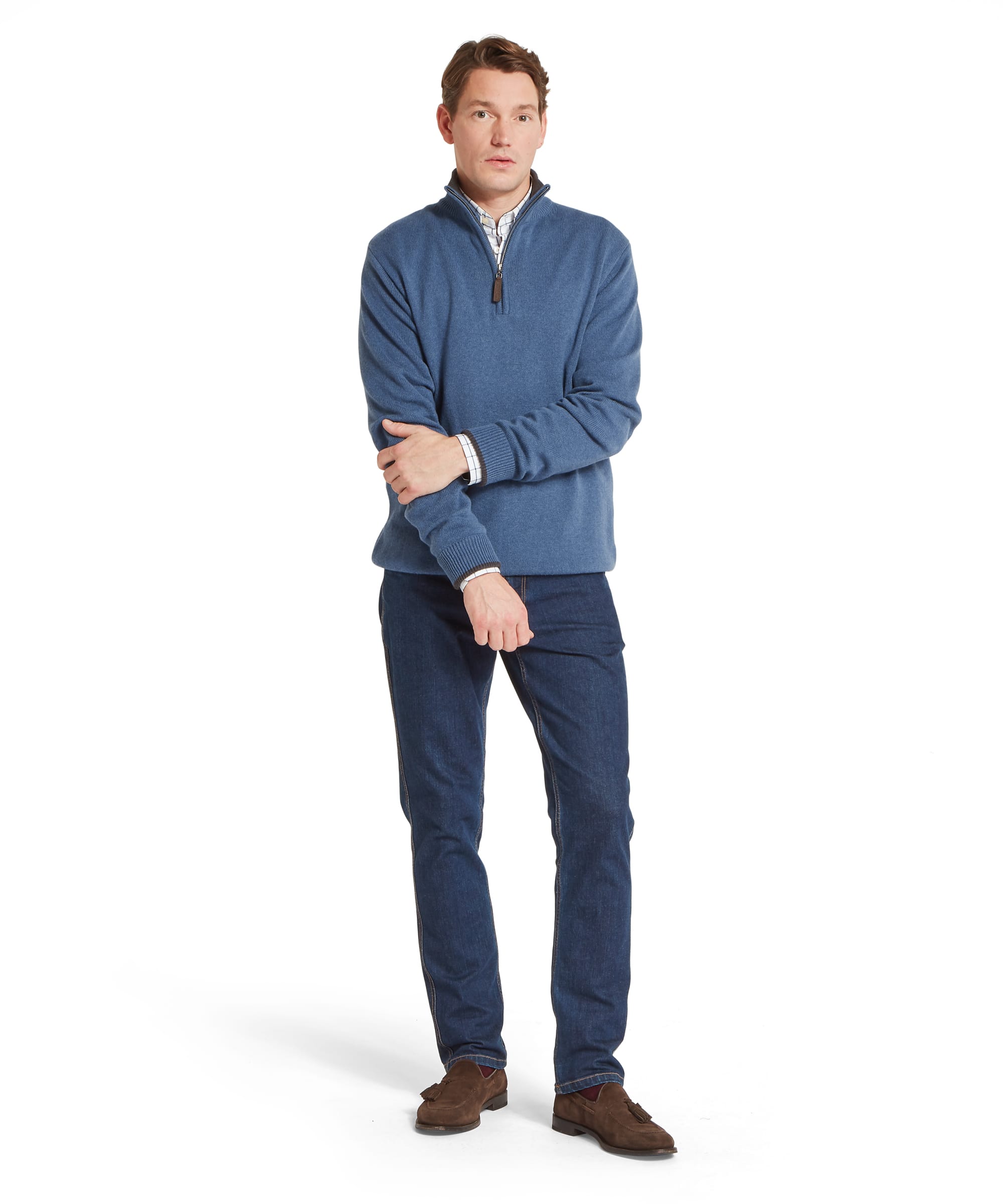 Schöffel Men's Castlebay 1/4 Zip Jumper in Blue — full-length front view styled with dark indigo jeans and brown suede tassel loafers