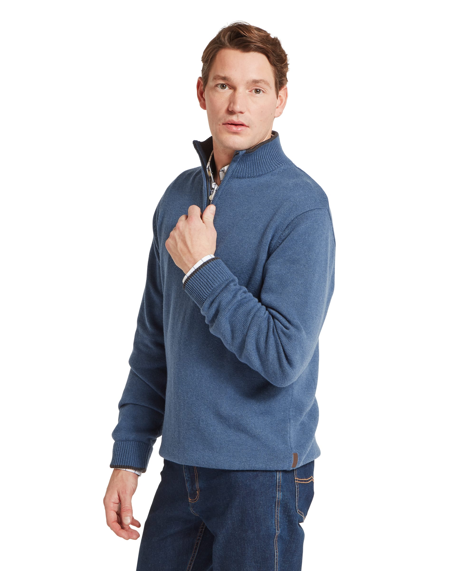 Schöffel Men's Castlebay 1/4 Zip Jumper in Blue — three-quarter side view with hand holding zip, showing ribbed stand collar and layered check shirt cuffs