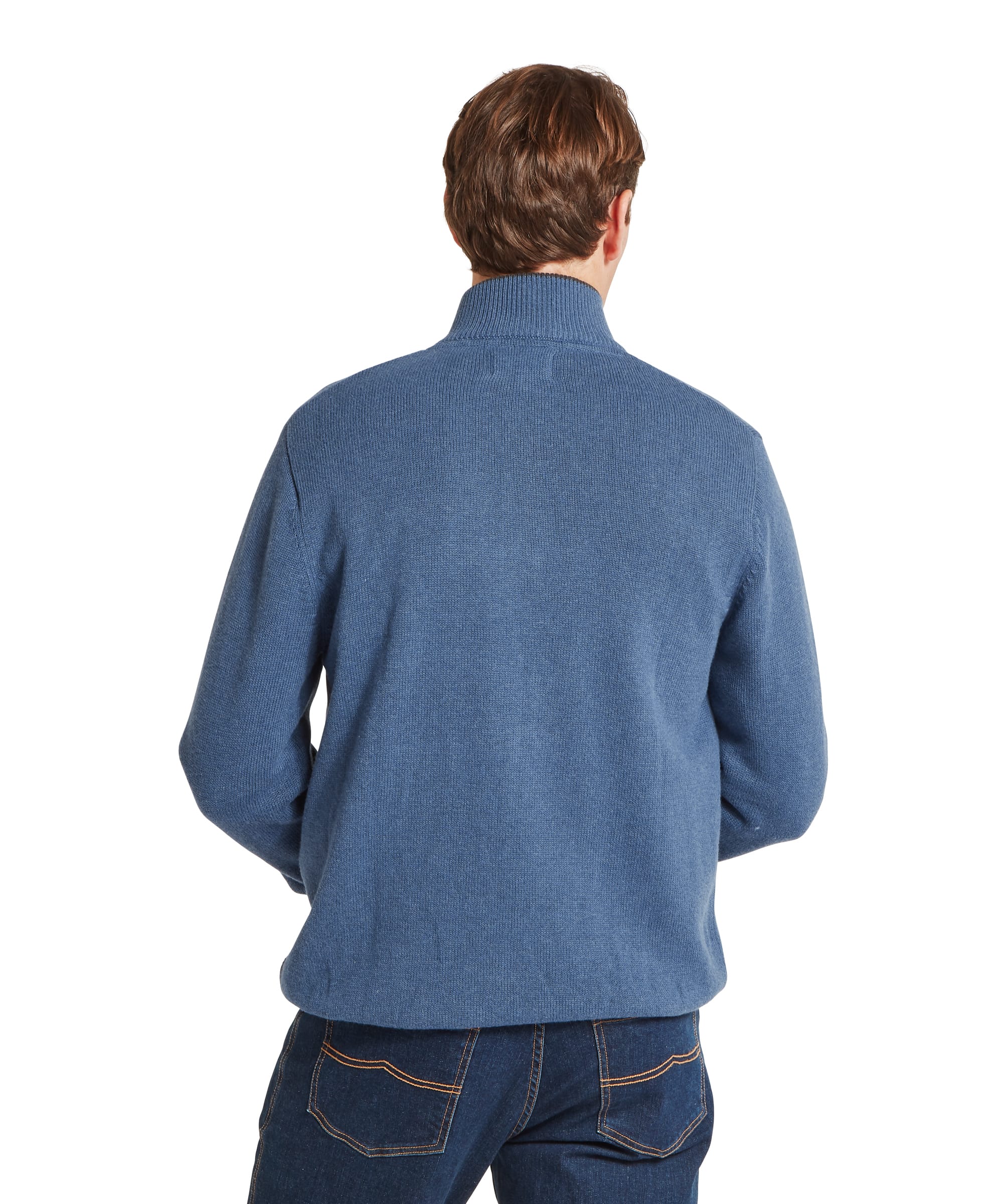 Schöffel Men's Castlebay 1/4 Zip Jumper in Blue — rear view showing smooth knit finish, ribbed hem and stand collar detail