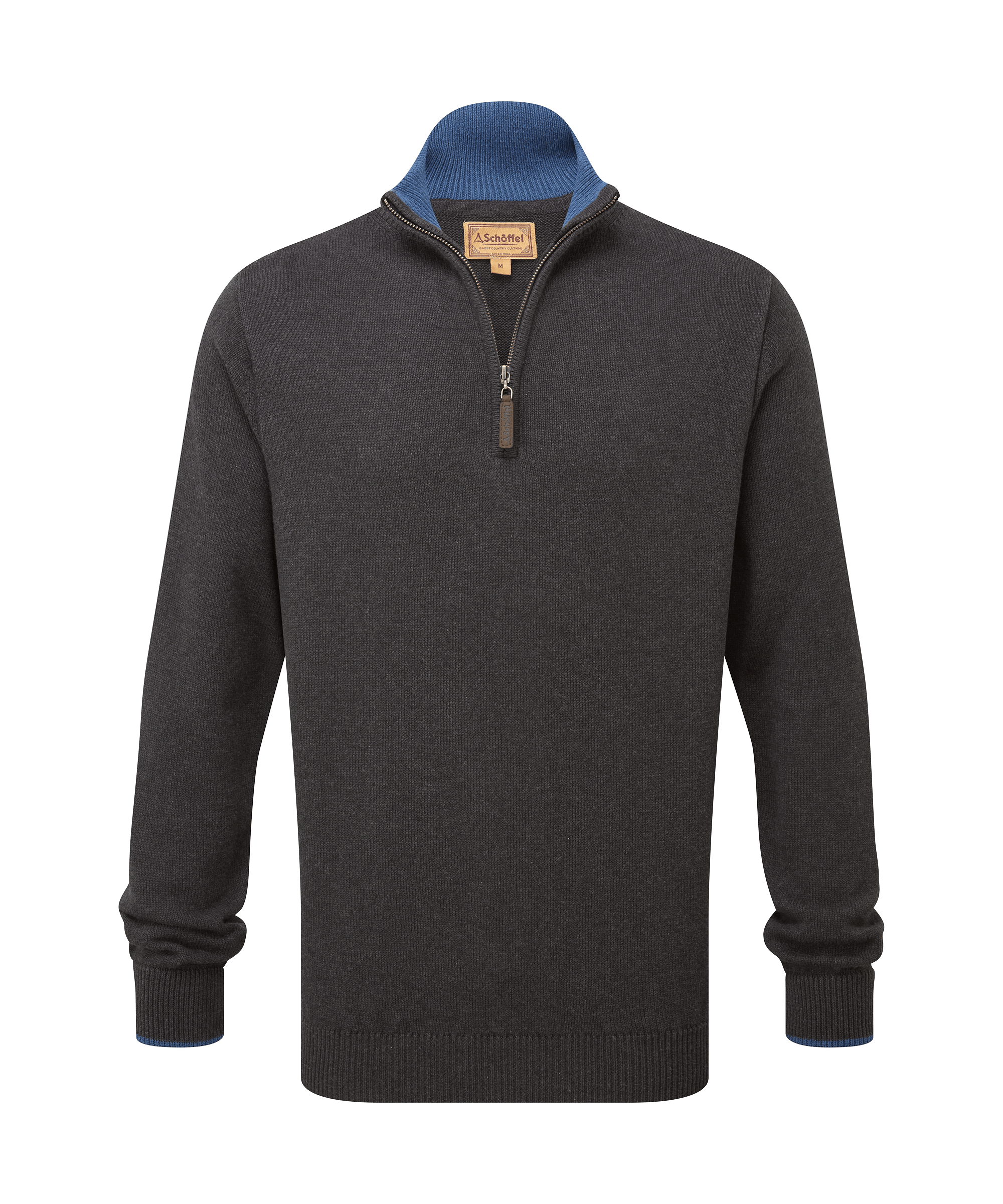 Schöffel men's textured half-zip sweater in dark charcoal with a blue contrast collar lining and leather zip pull