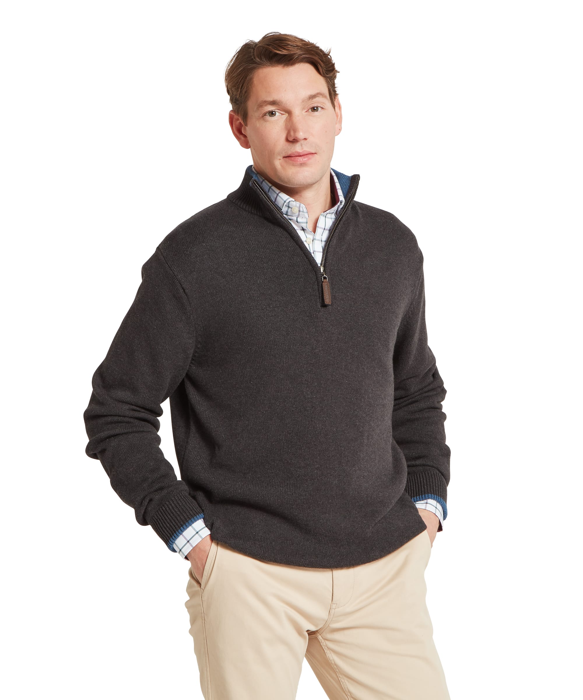 Schöffel Men's Castlebay 1/4 Zip Jumper in Charcoal — front view showing quarter-zip collar with leather pull tab, layered over a check shirt with chinos