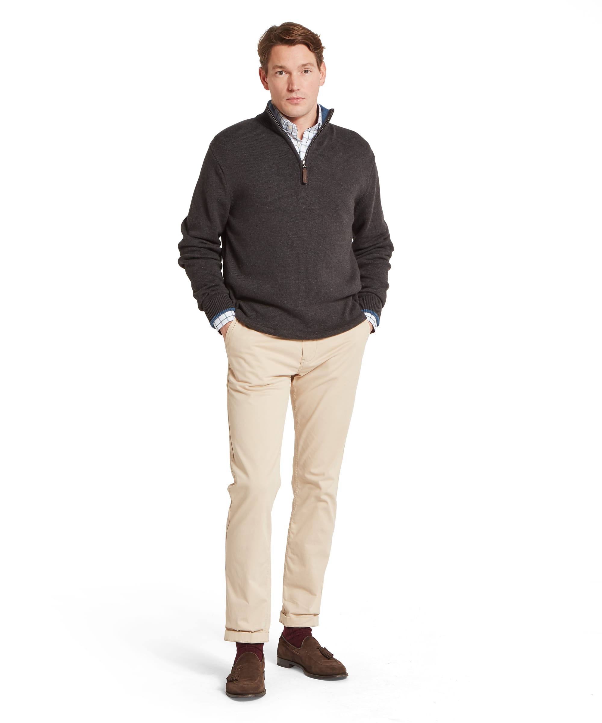 Schöffel Men's Castlebay 1/4 Zip Jumper in Charcoal — full-length front view styled with stone chinos, check shirt and brown suede tassel loafers