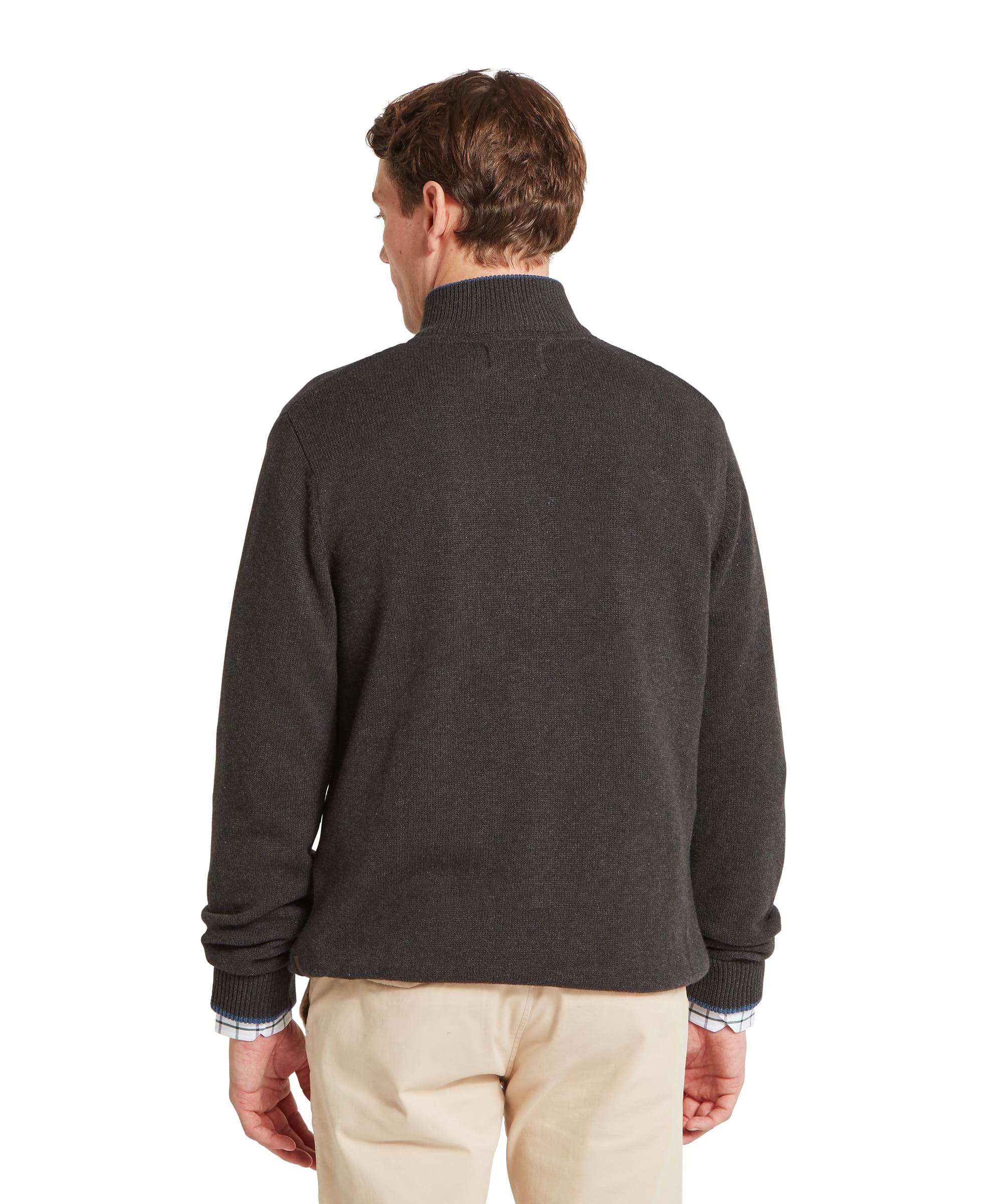 Schöffel Men's Castlebay 1/4 Zip Jumper in Charcoal — rear view showing smooth knit finish, ribbed hem and stand collar, paired with stone chinos